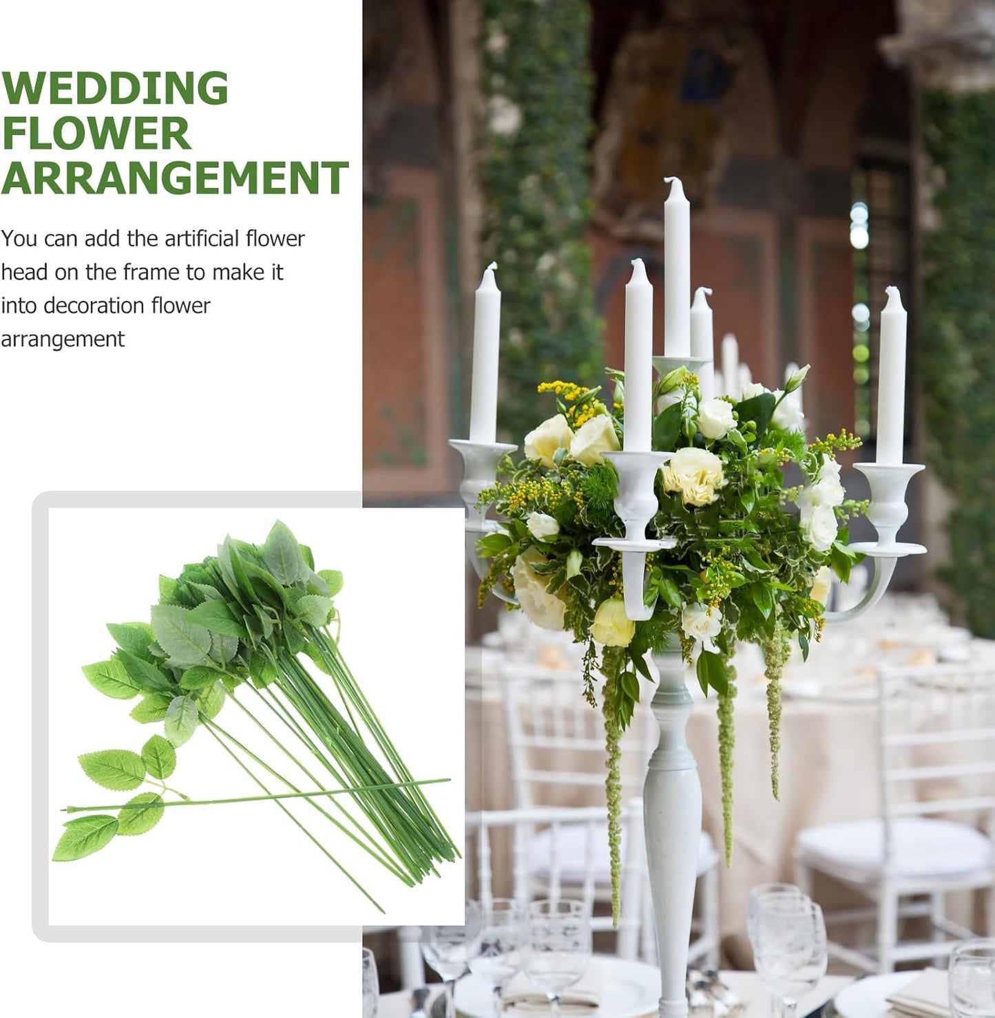 Veemoon 30pcs Floral Wire Stem with Leaves Artificial Plastic Rose Floral Wire Stems DIY Craft Bouquet Making Floral Arrangement Tools for Wedding Bouquet Centerpiece Home Decor