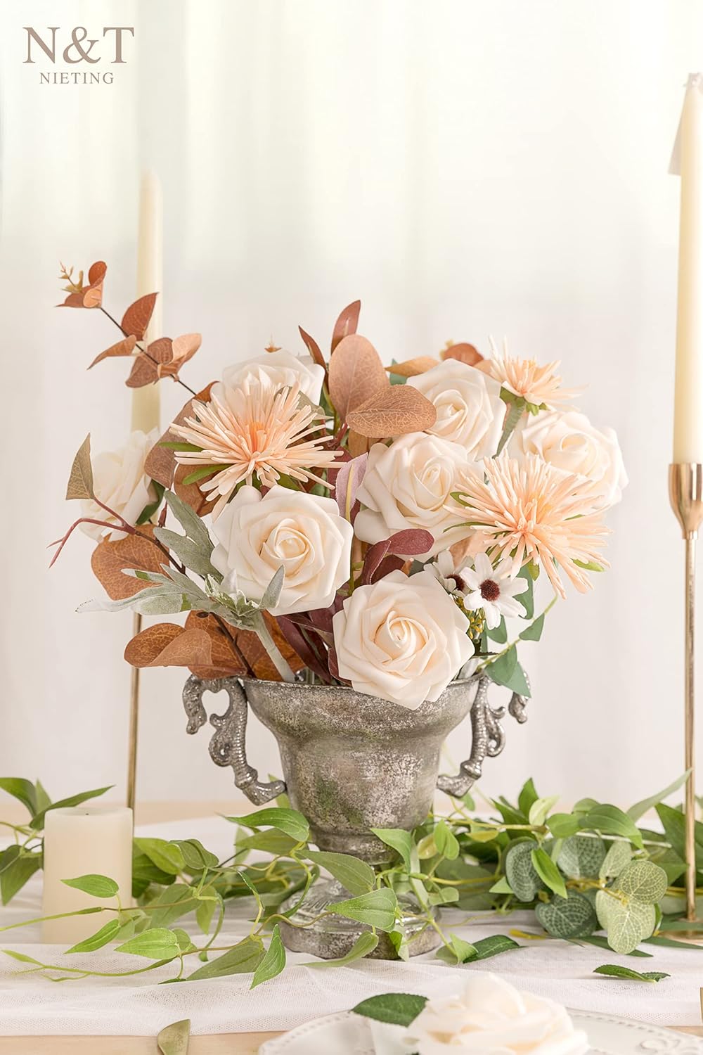 N&T NIETING Artificial Flowers, 25pcs Fake Flowers Bulk Perfect for DIY Fall Wedding Bridesmaid Bridal Bouquets Centerpieces Party Home Flower Arrangement Decoration, Cream Roses