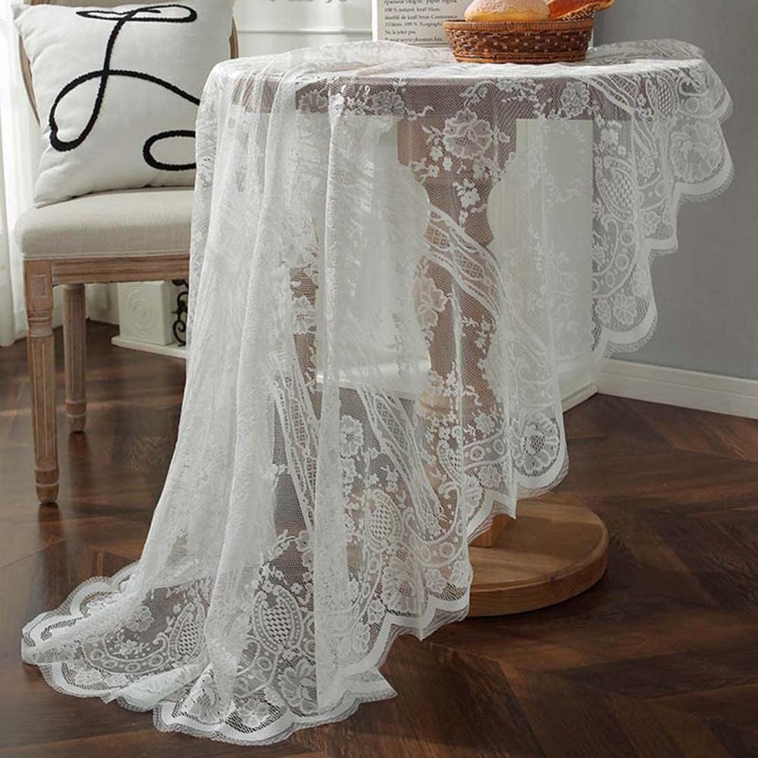 Vintage 60 inch White Lace Tablecloth Floral Embroidered Boho Shabby Chic Small Table Cover for Wedding Halloween Party Dinning Holiday, 1 Piece