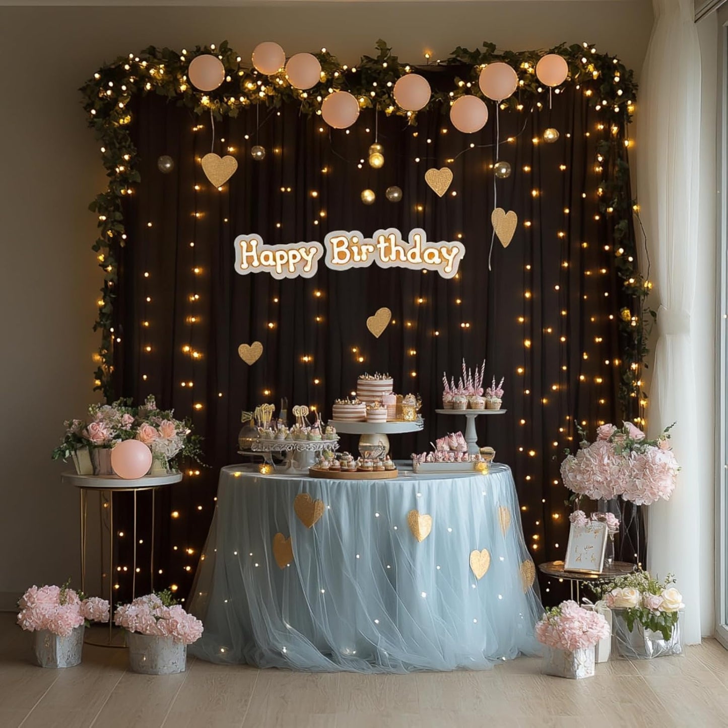 10x10ft Black Tulle Backdrop Curtain with String Lights, Wrinkle-Free Sheer Wedding Backdrop for Birthday Parties, Baby Showers, Bridal Showers, Photo Shoots and Home Decorations, Black