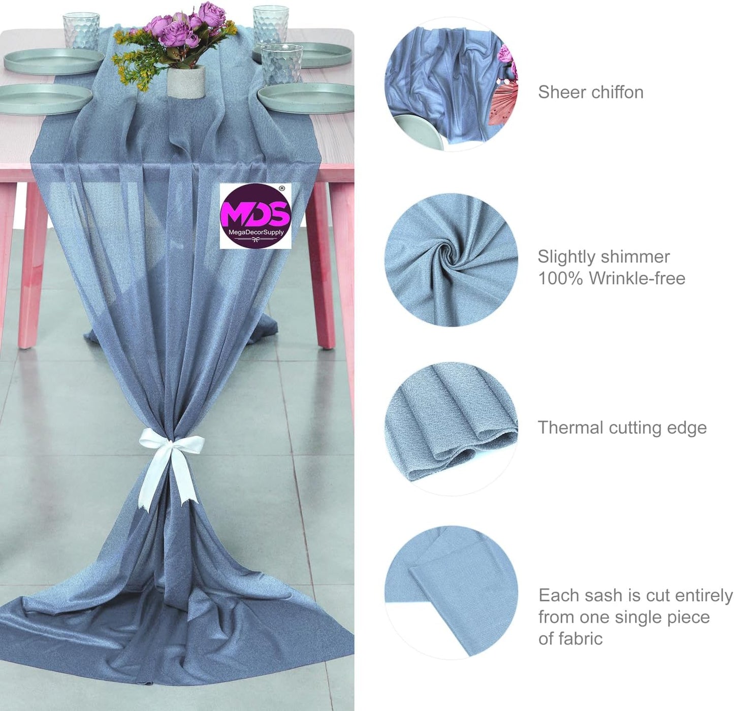 MDS 15 Pack 10ft Chiffon Table Runner 29 x 120 Inches Sheer Wedding Runner Romantic Rustic Table Runner for Wedding Decorations, Birthday Parties, Bridal Shower Party Arch Decor - Dusty Blue