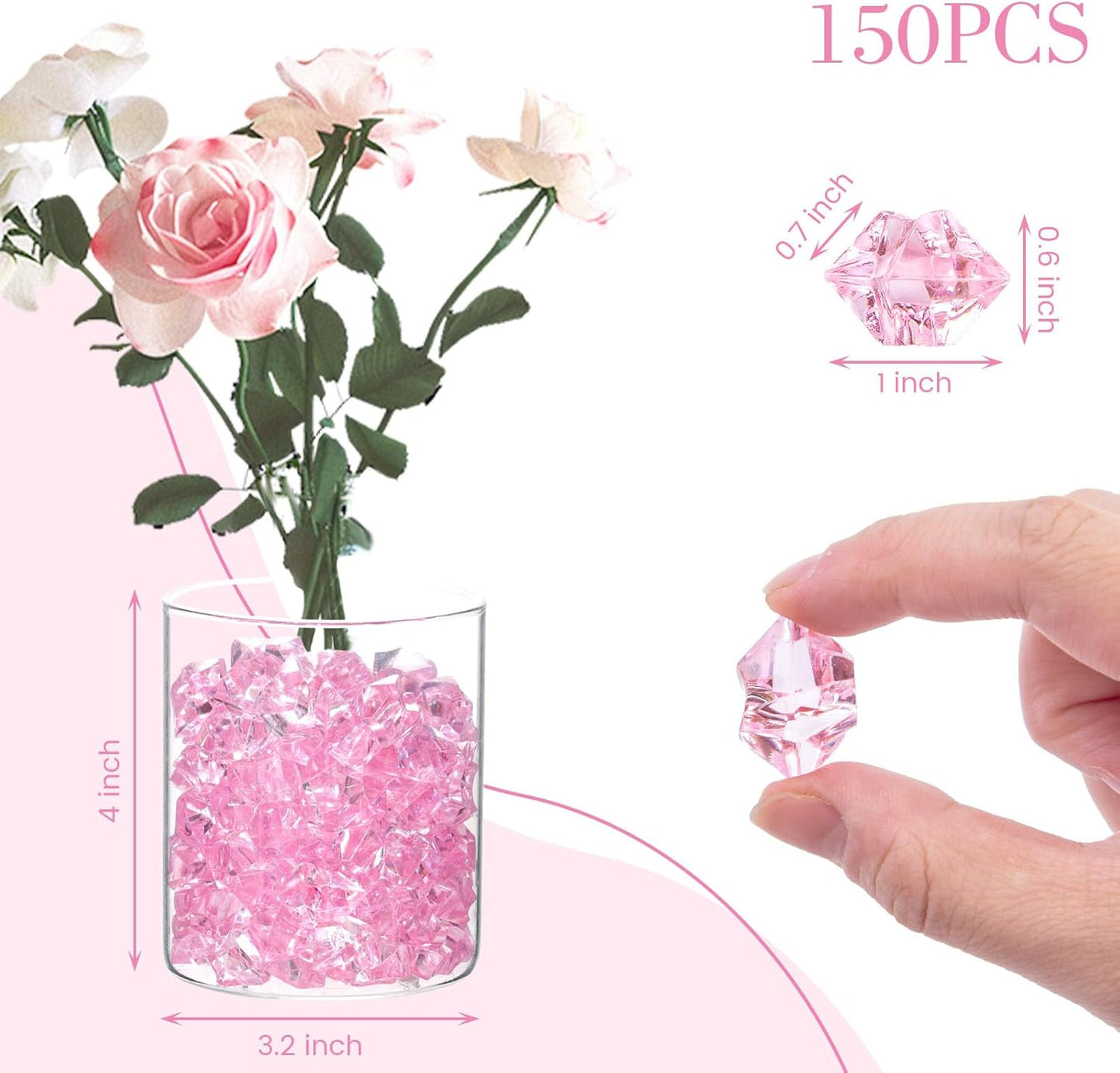 DOMESTAR Pink Fake Ice, 150PCS Acrylic Fake Diamonds, Plastic Crystals Gems, Vase Fillers DIY Craft Makeup Brush Rocks Wedding Party Table Centerpieces Scatter Decorations