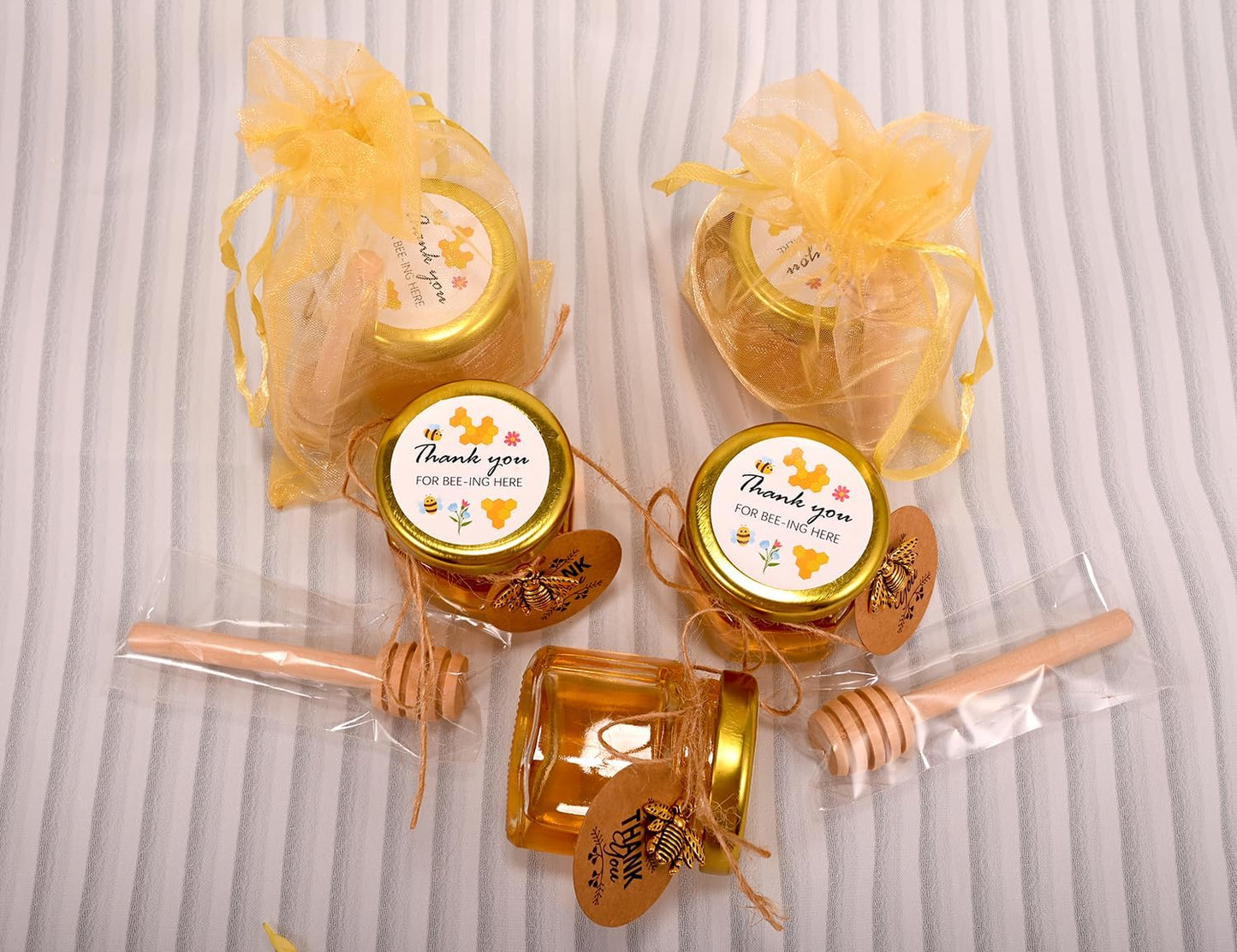 Adabocute 60 Pack Mini Honey Jars with Dipper - Honey Pot with Gold Lid, Bee Pendants, Jutes, Gift Bags and Stickers - For Baby Shower Wedding Favors