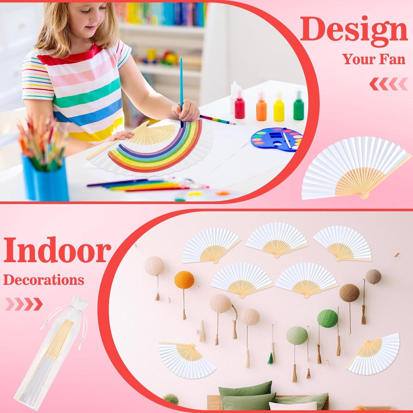 NEBURORA 6Pcs White Handheld Paper Fans 8.3 Inch Hand Held Bamboo Fans Foldable for Wedding Decoration Outdoor Party Favors DIY Decoration Dancing Photography Props