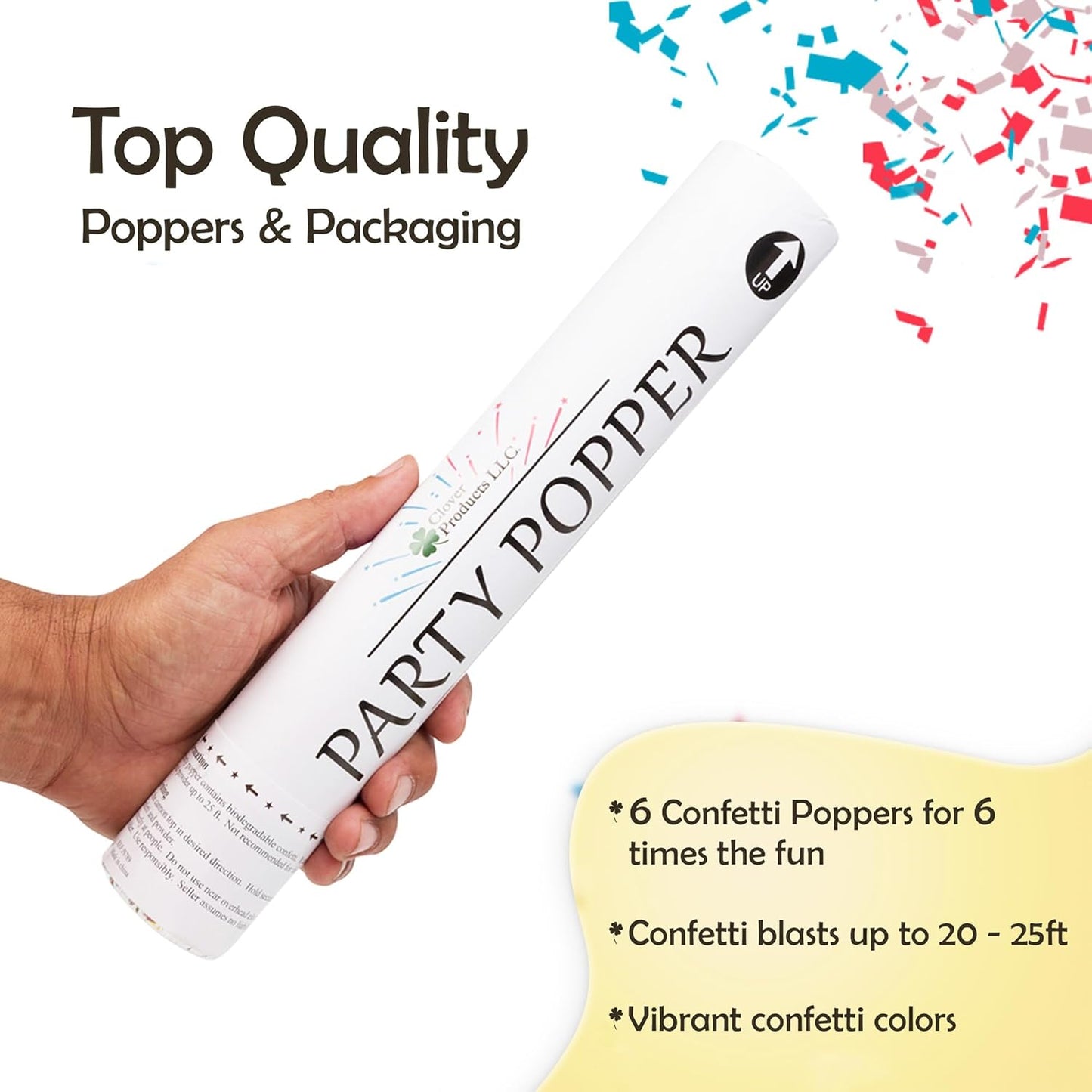 Clover Products Confetti Cannons 6-Pack – Biodegradable Red, White & Blue Party Poppers Launch 25 Feet Patriotic Celebration Supplies for 4th of July, Labor day, Parades, and other Events