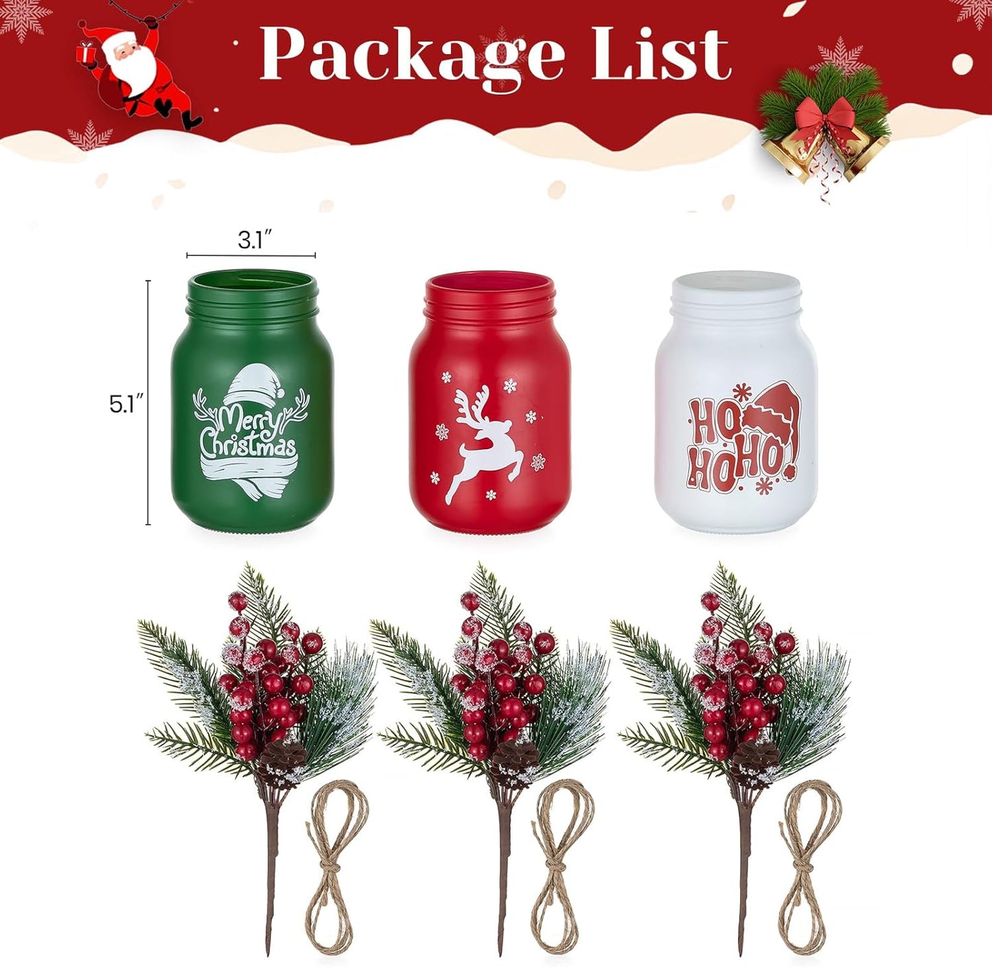 Hewory Christmas Vase for Table Centerpieces: 3 PCS Glass Christmas Mason Jars with Arrangemengts - Delicate Holiday Decor for Mantle Coffee Table Shelves