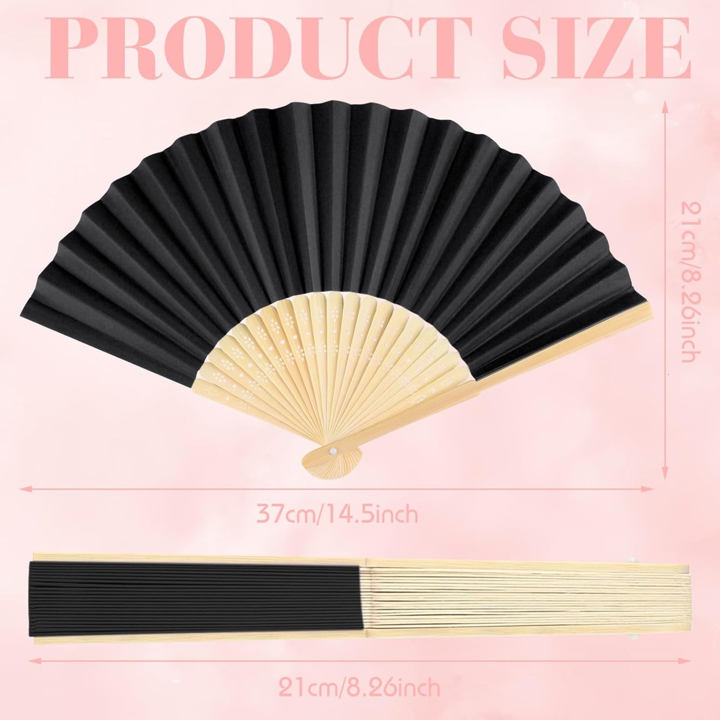 6 Pieces Black Hand Held Bamboo Folding Fans Foldable Paper Fans Handheld for Women Girls Wedding DIY Decoration Church Home Party Favors Summer