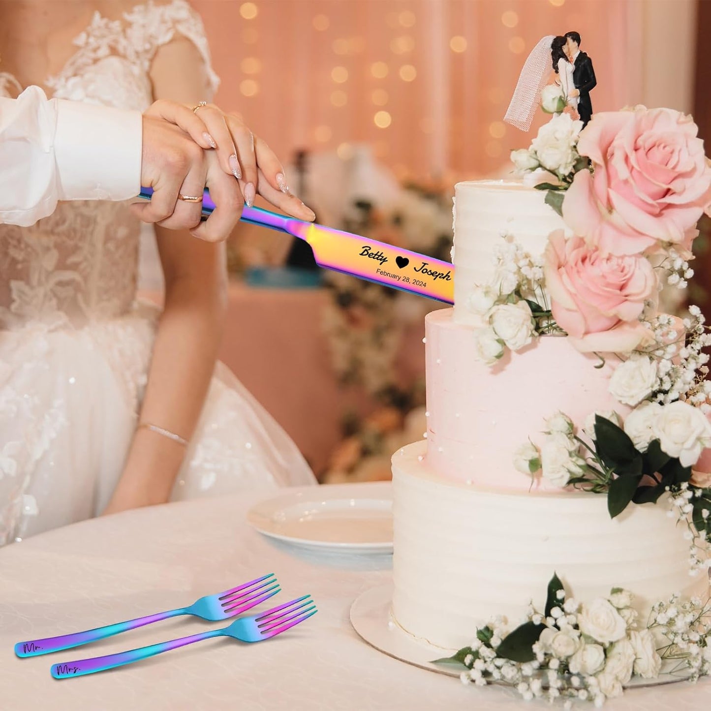Personalized Wedding Cake Knife and Server Set Stainless Steel Forks Cake Cutter Server Engraved Cake Cutting Set for Wedding Anniversary Engagement Birthday Gifts
