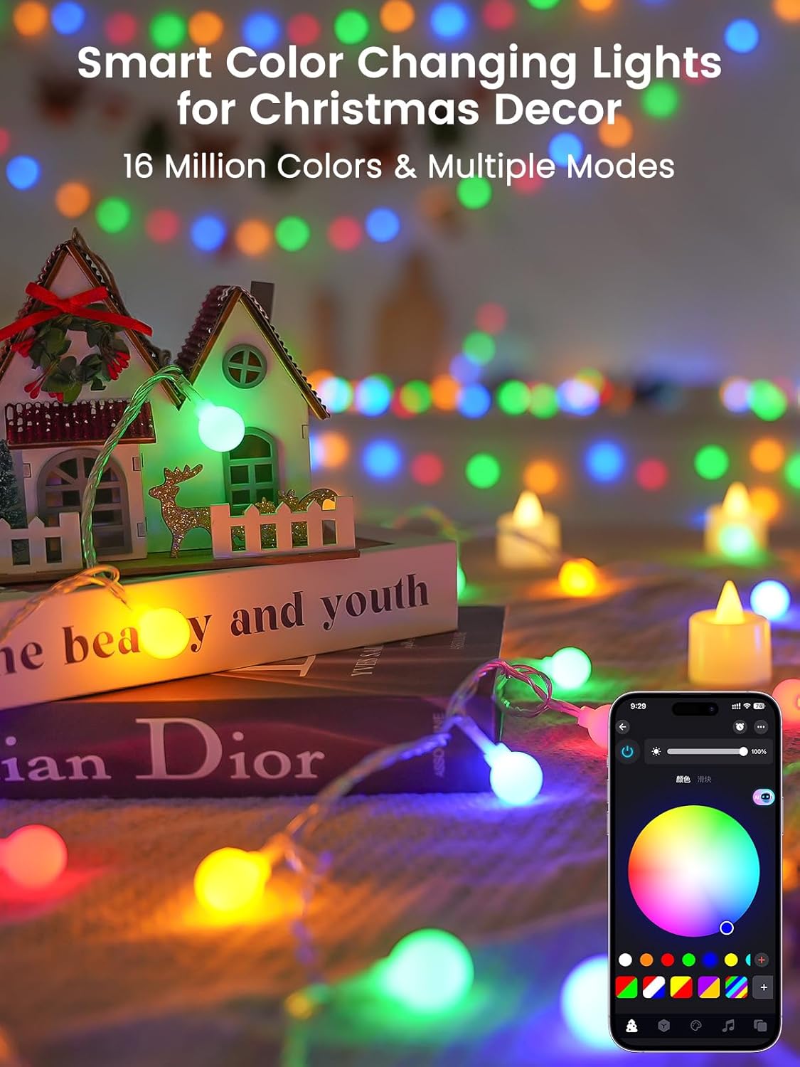 78ft Smart Color Changing Christmas Lights, 200 LED RGB Globe String Lights App Control with Remote & Timer, Music Sync Fairy Light Plug in Waterproof for Christmas Decoration Indoor Outdoor Bedroom