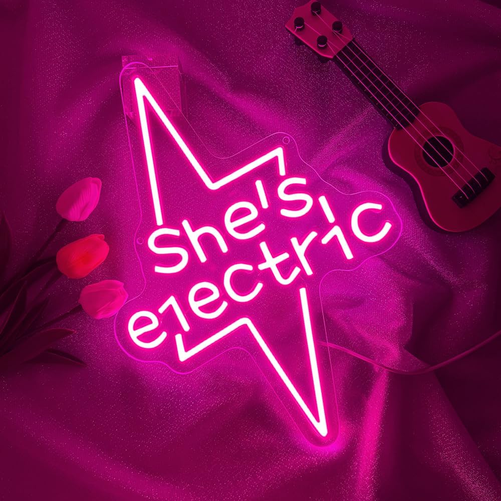 Lightning Bolt Light Up Signs for Wall Decor,Pink She's Electric Neon Sign for Birthday Live Music Concert Bedroom Club Party,Music LED Gift for Girls Teens Men Women USB Powered（15"*10.8"）
