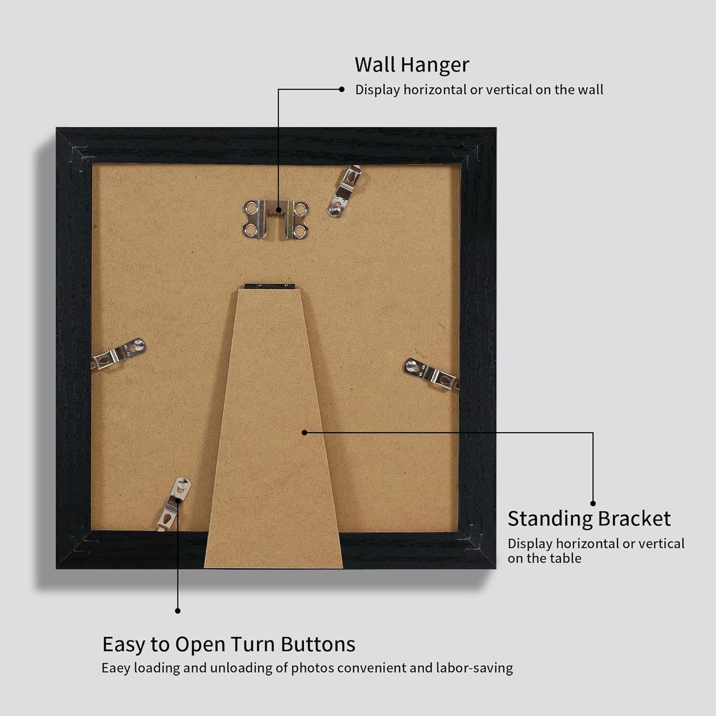 8x8 Picture Frames Set of 4 with High Definition Real Glass, Black Frames Display 6x6 Picture with Mat or 8x8 Without Mat, Wood Square 8 x 8 Photo Frame for Wall Mount and Tabletop Display