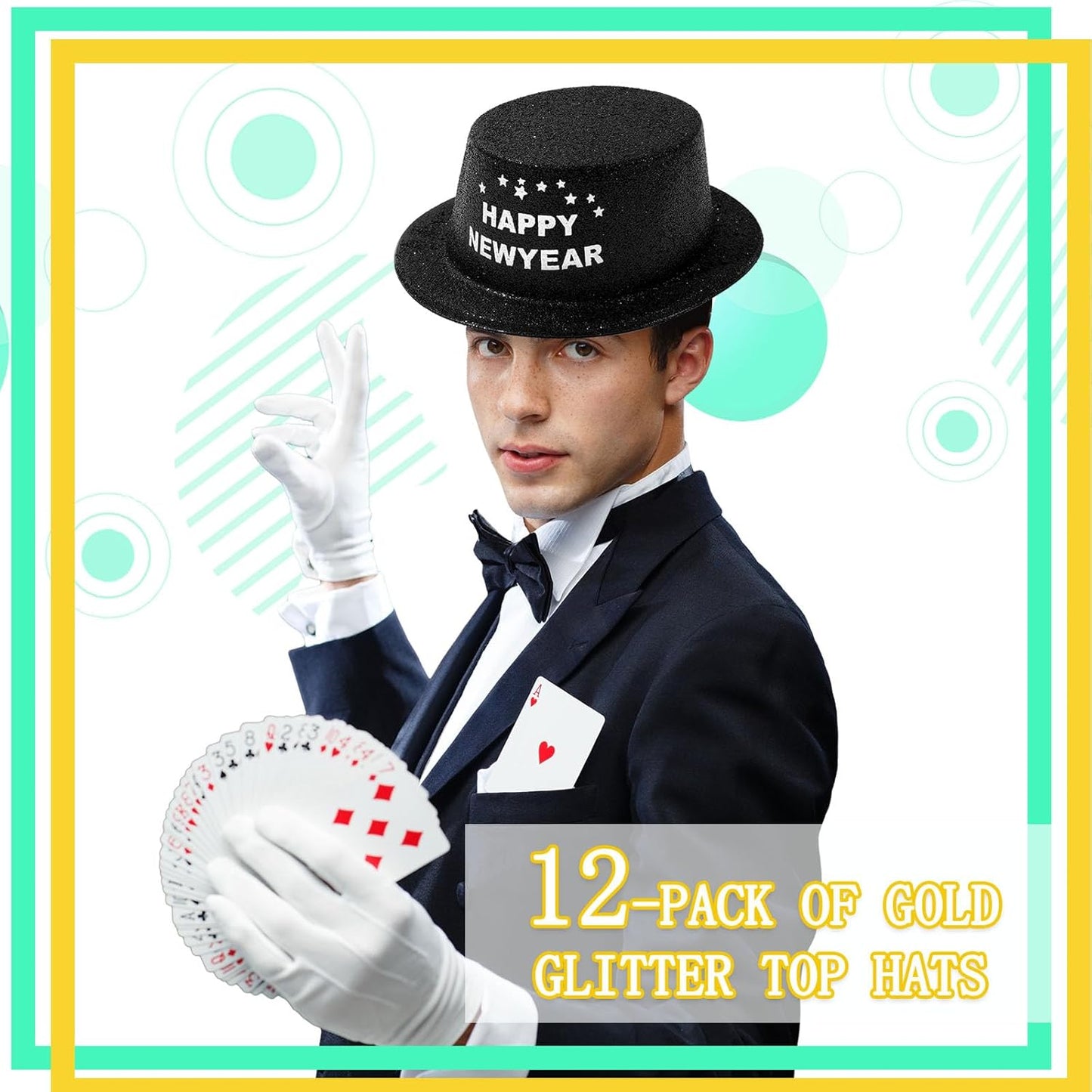 Hillban 12 Pcs Top Hats Halloween Glitter Plastic Retro Disco Party Hats for Halloween Magician Birthday Wedding Carnivals(Black with Letter,Novel)