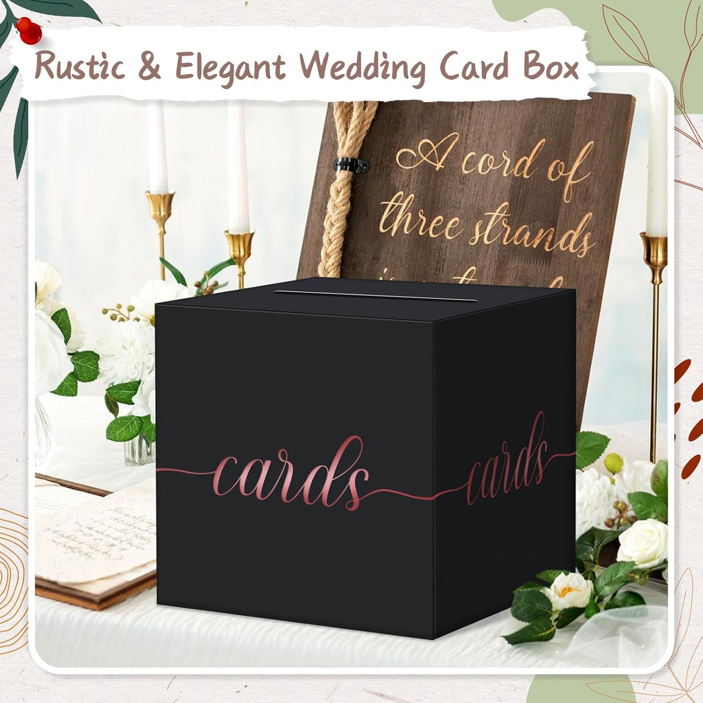 QIKSION Black Wedding Card Box, Rose Gold Foil Gift Card Box for Party, Wedding Reception, Graduation, Birthday, Baby Shower, Raffle