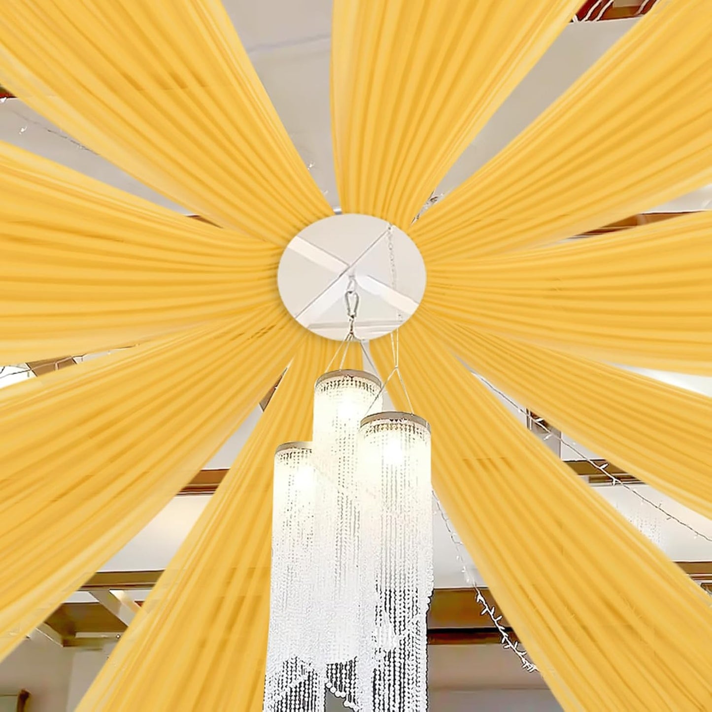 DUOBAO Chiffon Ceiling Drapes 20FT 6 Panels Gold Sheer Wedding Backdrop Curtains for Indoor Events Banquet Hall Tent Drapery Soft Draping Fabric for Arches Christmas and Photography