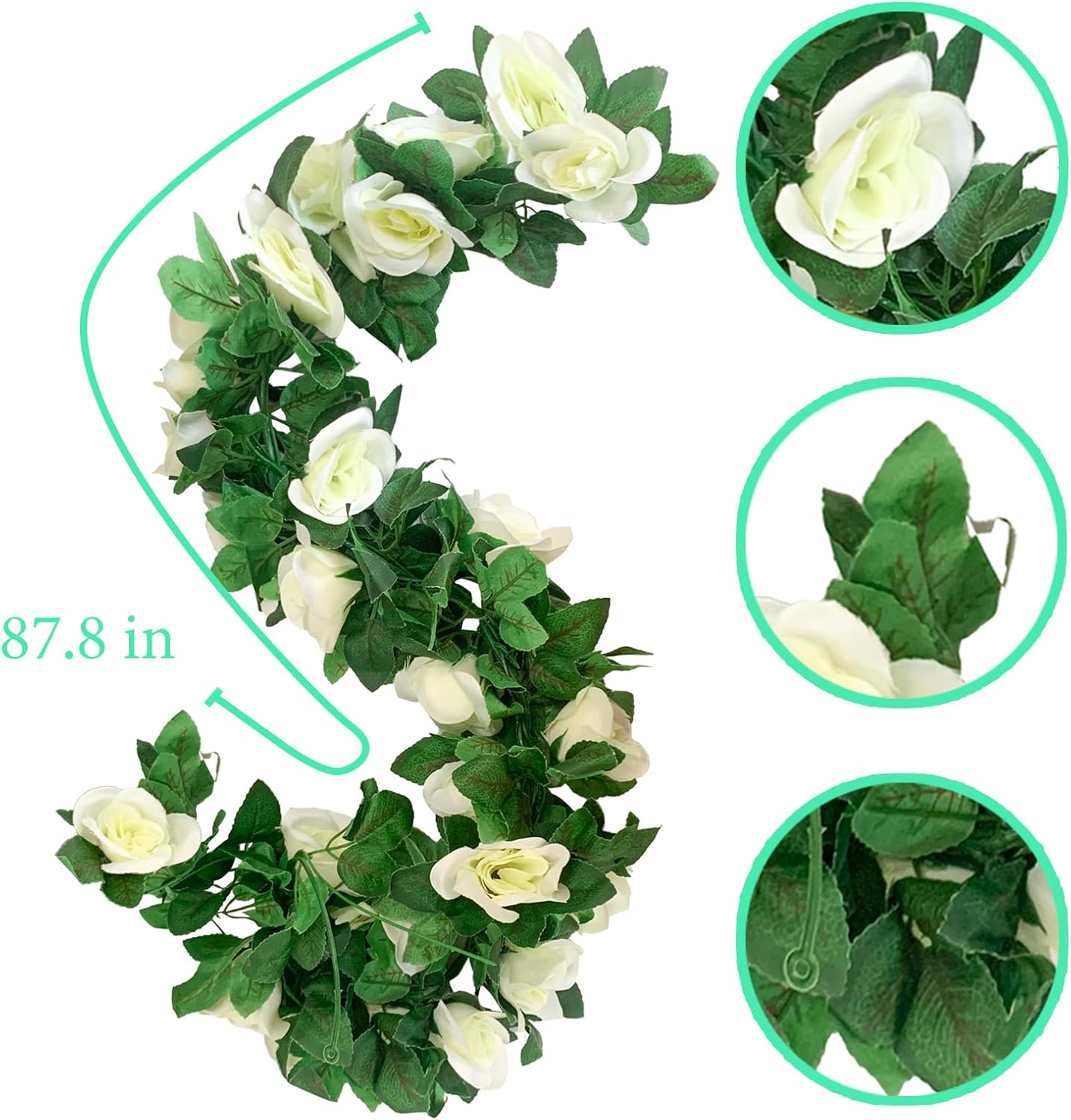 4 Pack Artificial Rose Vine Garland Fake Roses Flowers Plants Vines Hanging Floral Leaves Decoration for Wedding Party Table Garden Arch Wall Home Room Decor(White)