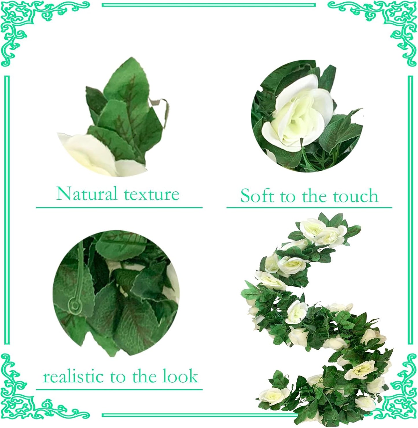 4 Pack Artificial Rose Vine Garland Fake Roses Flowers Plants Vines Hanging Floral Leaves Decoration for Wedding Party Table Garden Arch Wall Home Room Decor(White)