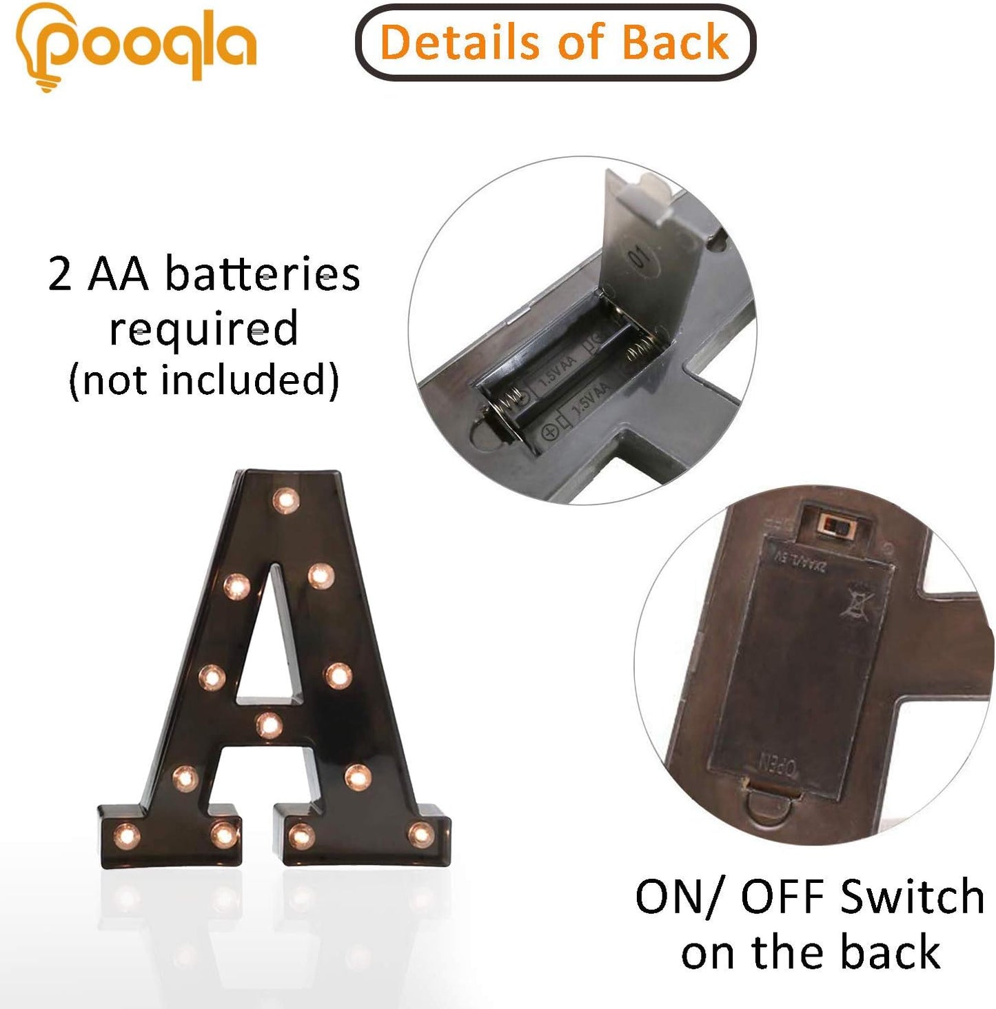 Pooqla Light Up LED Letter Marquee Sign - Alphabet Marquee Letters with Lights for Wedding Birthday Party Christmas Night Light Lamp Home Bar Decoration A, Black