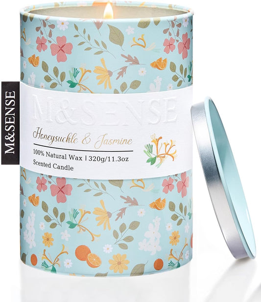 M&SENSE Honeysuckle Jasmine Scented Candle, Medium Jar Candle 11.3oz Natural Soy Wax for Home Scented, Floral Candles Gift for Spring Holiday, Up to 70 Hours Burning Long-Lasting Fragrance