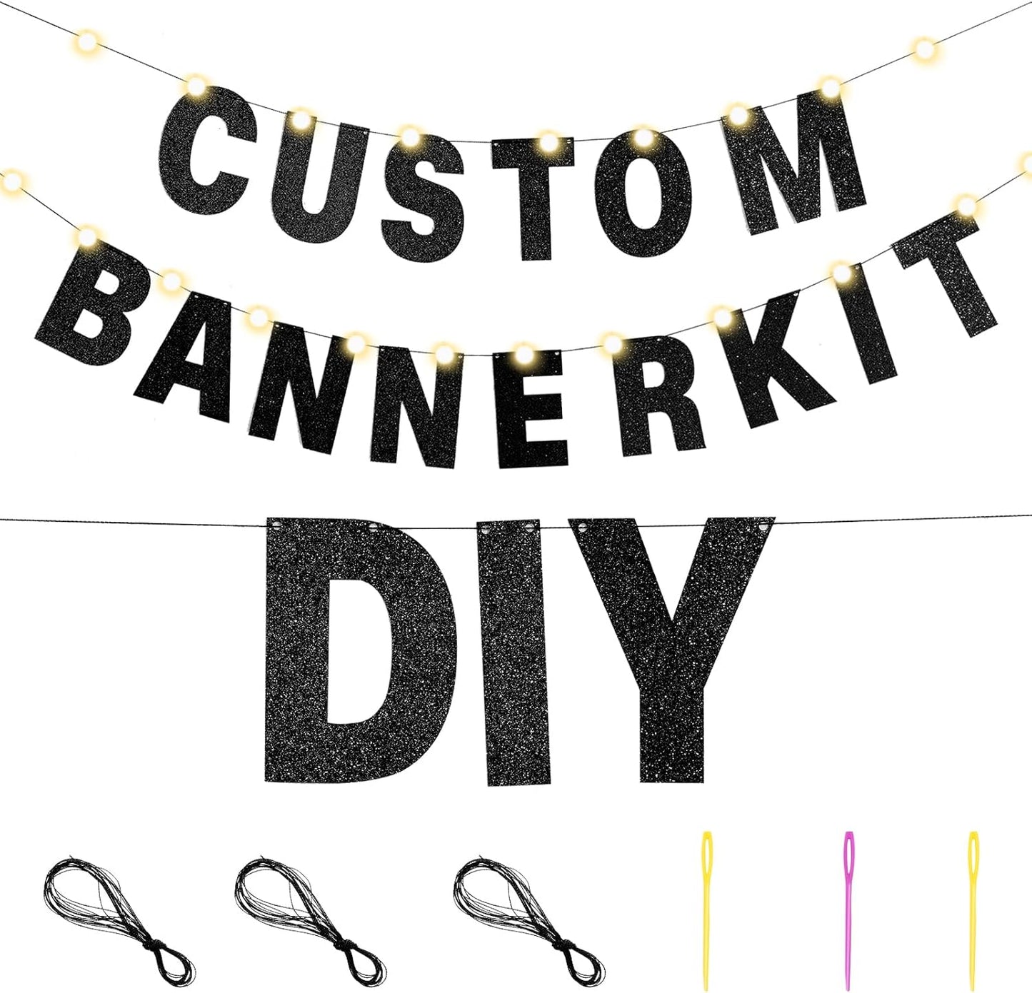 TaoBary 112 Pcs DIY Letter Custom Banner Glitter Customizable Banner Kit Including 107 Letters and Numbers 3 Rope for Valentine Birthday Party(Black)