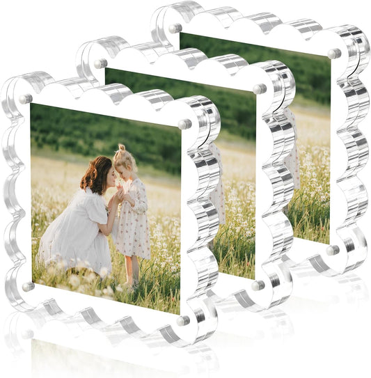 Clear Picture Frames 3Pack - Acrylic Magnetic Photo Frame 4×4 Inch, Double Sided Magnet Frames with Scalloped Edges, 10+10mm Thick Freestanding Gift for Office/Home(Clear, 4x4)