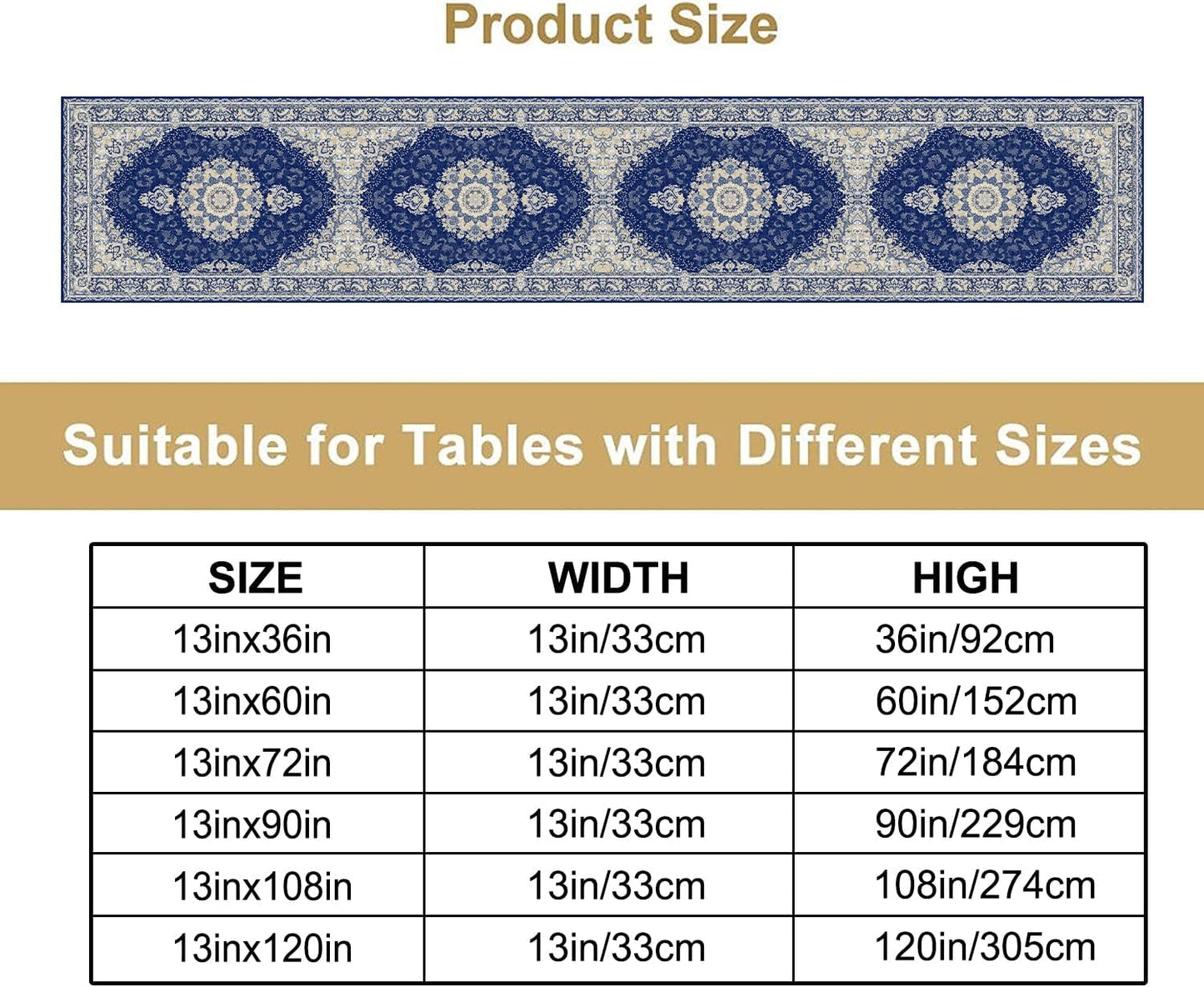 Boho Bohemia Style Dark Blue Table Runner, Country Rustic Farmhouse Magical Abstract Print Pattern for Home Kitchen Table Decor Dining Coffee Room Garden Party Decor 13x90in