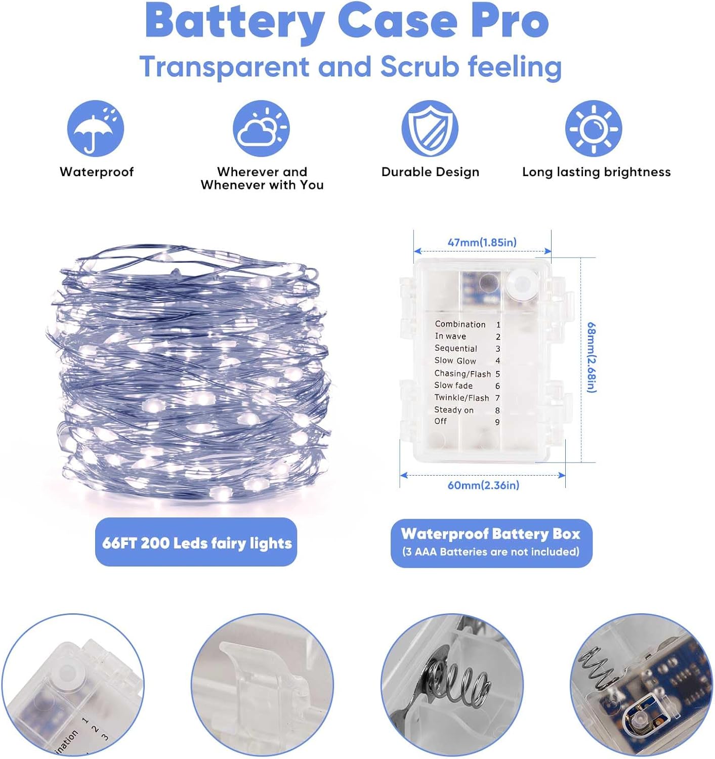 2 Pack 65.6 Ft. Battery Operated Outdoor String Lights with Remote & Timer, LED Cool Whit Fairy Lights, Waterproof Twinkle Lights for Bedroom, Dorm, Mason Jar, Wedding, Party, Christmas