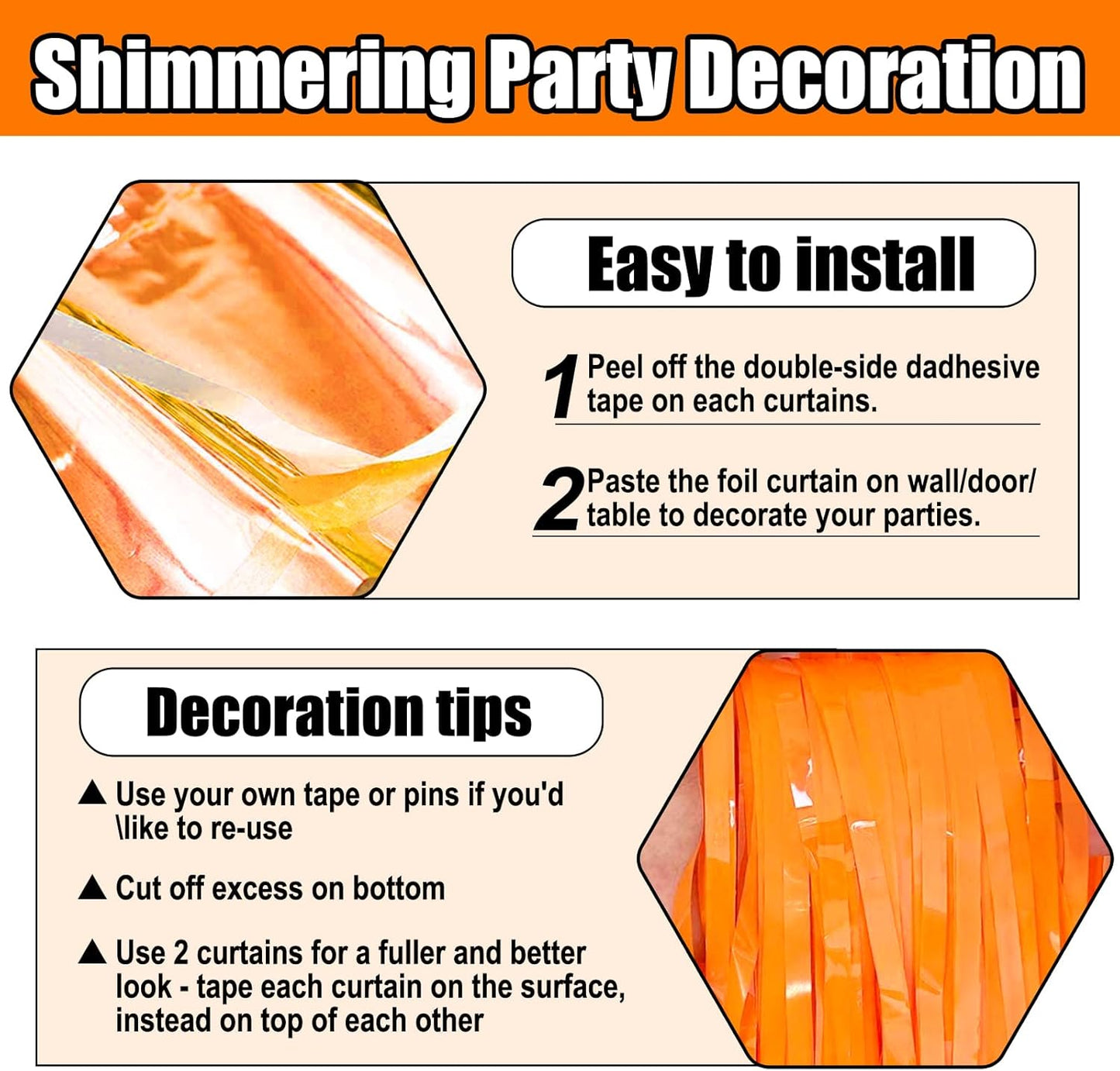 3 Pack Orange Foil Fringe Curtain Backdrop, 3.28Ft x 8.2Ft Metallic Tinsel Foil Fringe Streamer Curtains for Photo Booth, Mother's Day, Easter, Birthday, Wedding Party Decorations