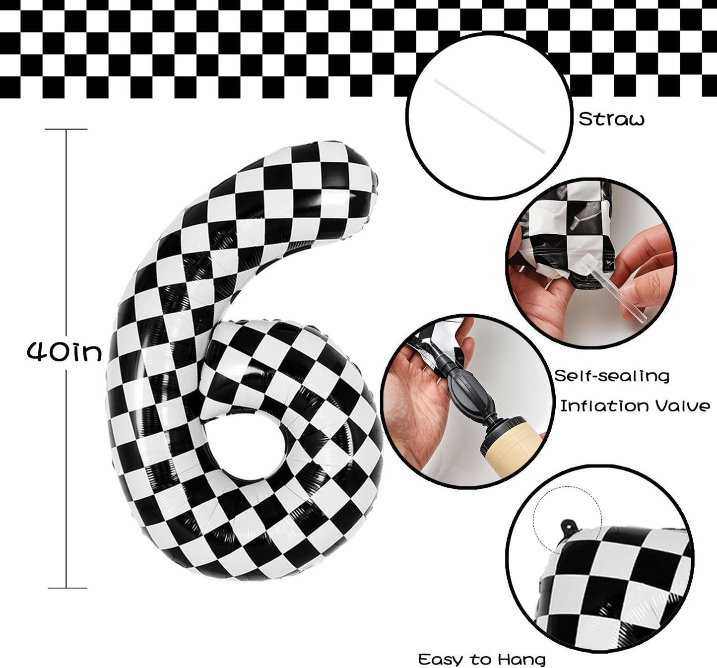 40 Inch Checkered Number Balloon - Race Flag Pattern Big Helium Balloon for Birthday Party Decorations - Black & White Balloon for Kids Adults Party Supplies(Racing Car, Number 6)