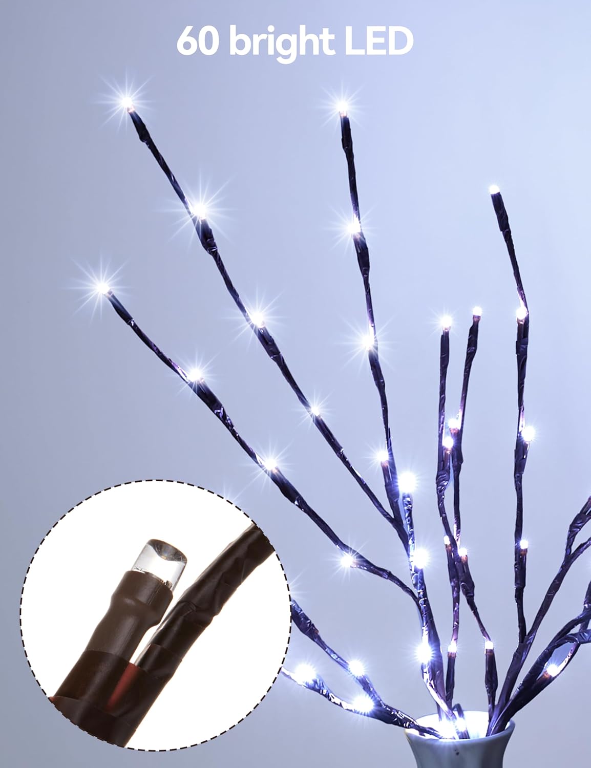 Lighted Branches for Vases Plug in - 6 Pack 24Inch 60 LED Christmas DIY Twig Pathway Lights, Artificial Tree Bendable Xmas Fairy Lights with Stakes for Outdoor Indoor Party Decoration, Pure White