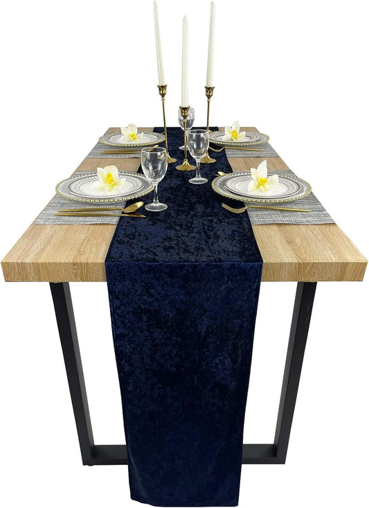 Luxurious Crushed Velvet Table Runner, Wedding Reception Decorations, Soft Velvet Fabric, Table Linen Overlay, Wedding Table Runners (Navy, 12X108 inch)
