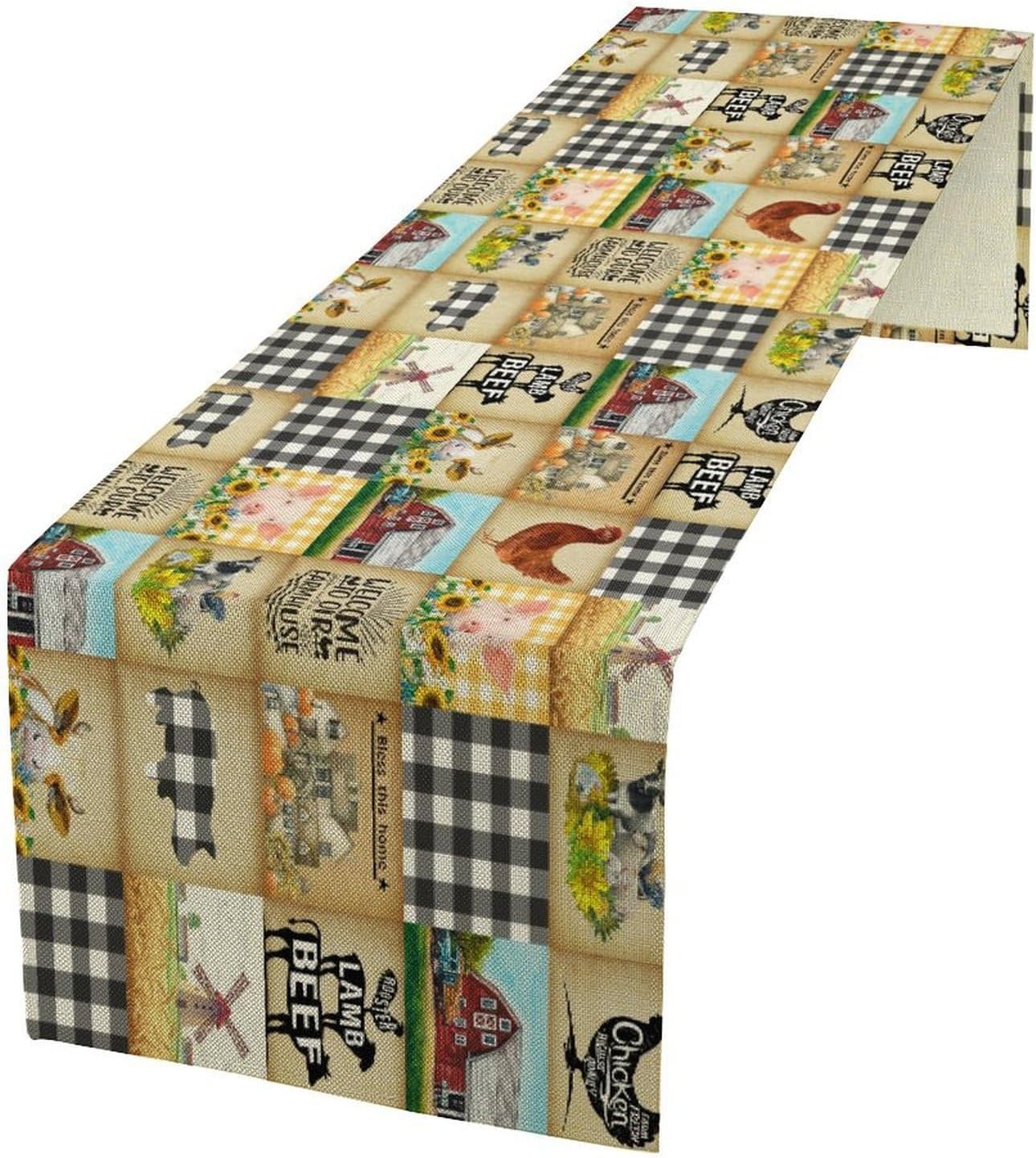 Farmhouse Animals Table Runner,Rustic Cabin Pig Chicken Cow Sunflowers Geometric Grids Burlap for Hotel Indoors Outdoor Dining Room Kitchen Holiday Party, 13x108in