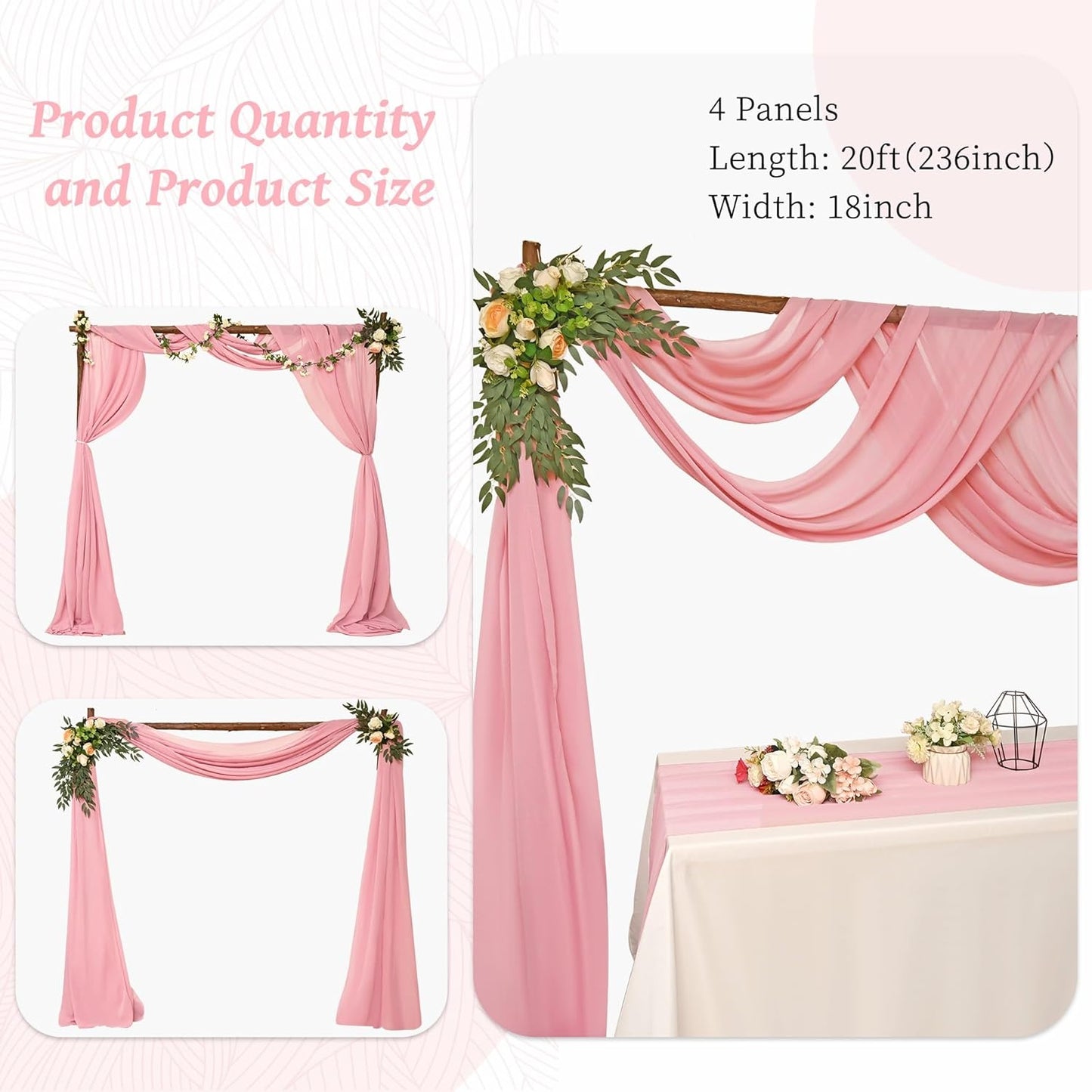 8 Panels Wedding Arch Draping Fabric 28" x 20Ft Wedding Arch Drapes Chiffon Fabric Drape Sheer Backdrop Curtain for Weddings Party Ceremony Birthday Arbor Drapery Reception Ceiling Décor(Dusty Rose)