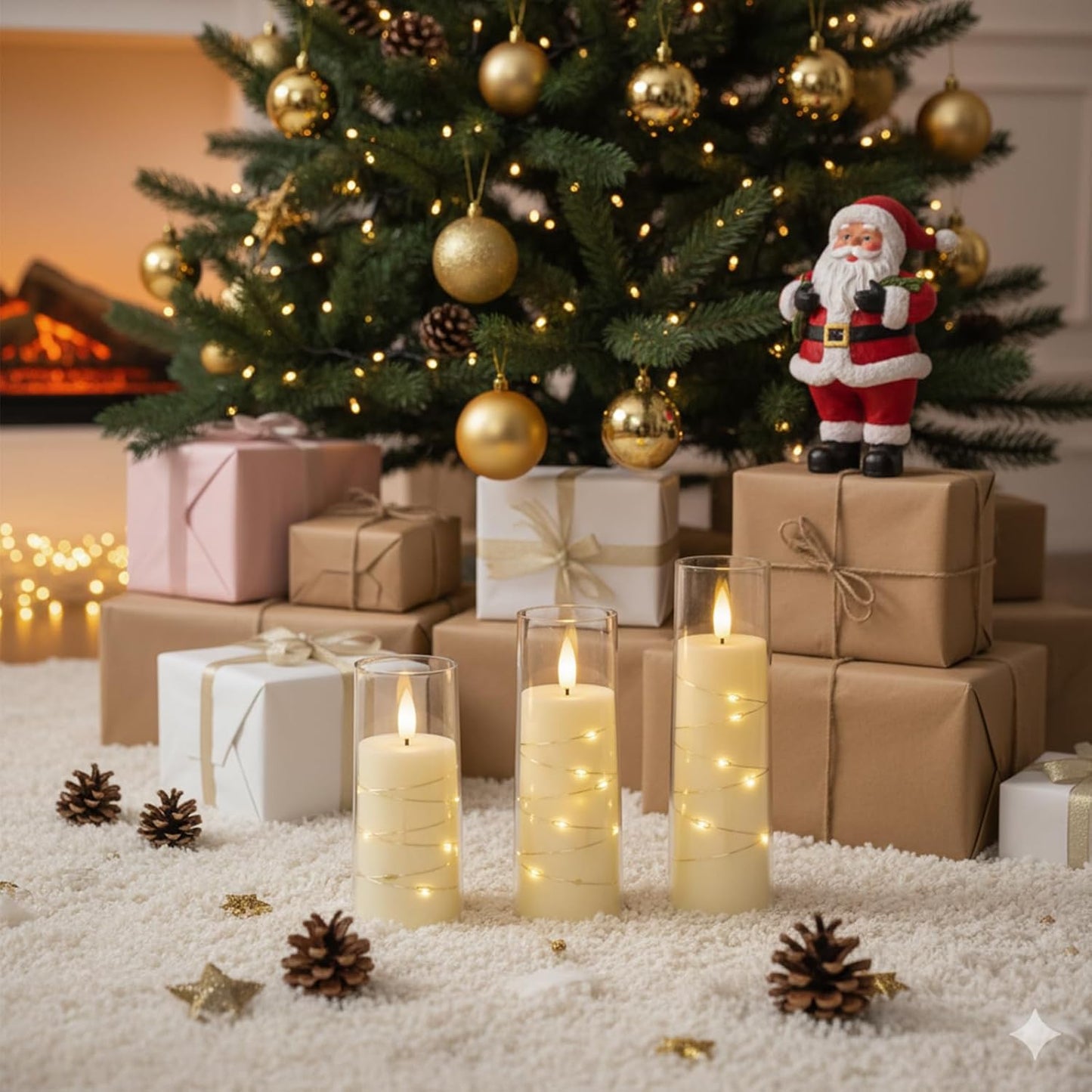 Raycare Flameless Candle with Remote Timer – 9 Flickering Acrylic Battery Operated LED Pillar Candles with Embedded Star String for Halloween, Home Decor, and as a Gift (Ivory)