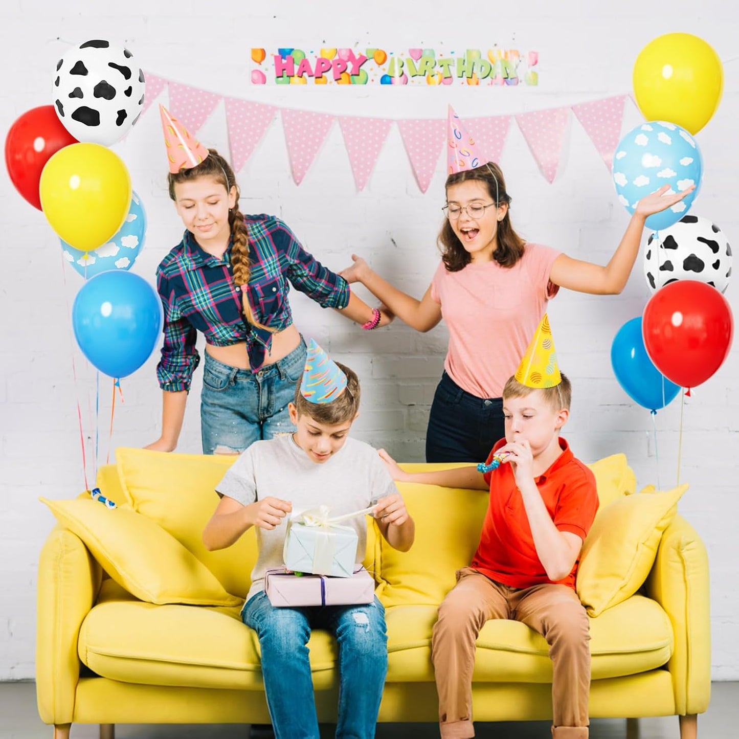 68Pcs Red Yellow Blue Toy Balloons 12 Inch Light Blue Cloud Cow Print Balloons for Baby's Birthday Story and Football Party Themed Decorations.