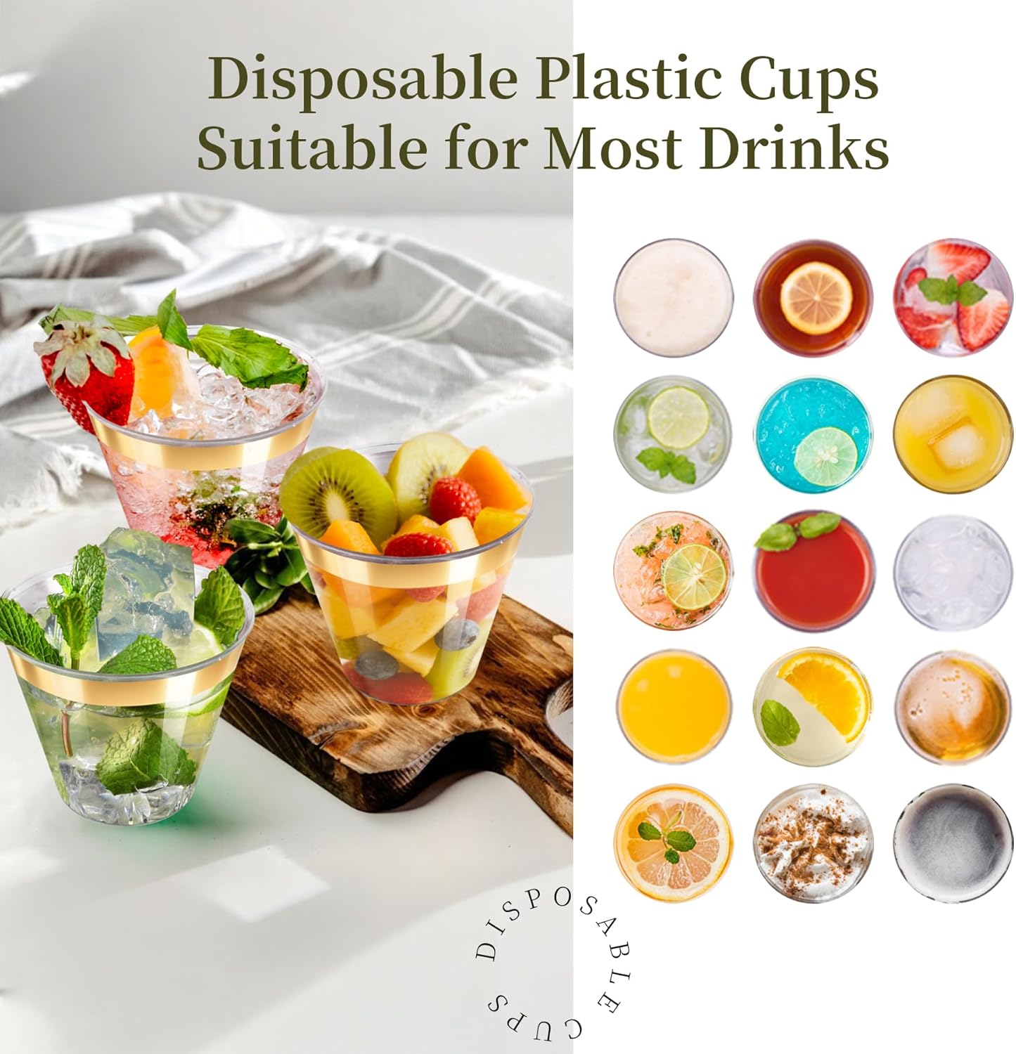 [200 Pack] 9oz Clear Plastic Cups with Gold Rimmed Sturdy & Food Safe Disposable Wine Glasses Party Wedding Cups Disposable Drinking Cups Plastic Cocktail Glasses for Wine, Juice & Cold Beverages