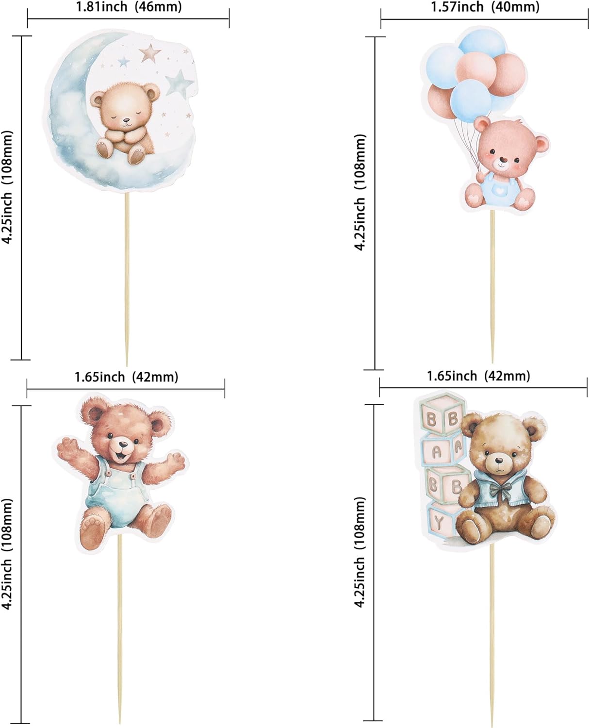 Gyufise 32Pcs Baby Shower Bear Cupcake Toppers Moon Baby Bear Baby Shower Cake Topper Decorations Jungle Animal Theme Birthday Party Cake Supplies Blue