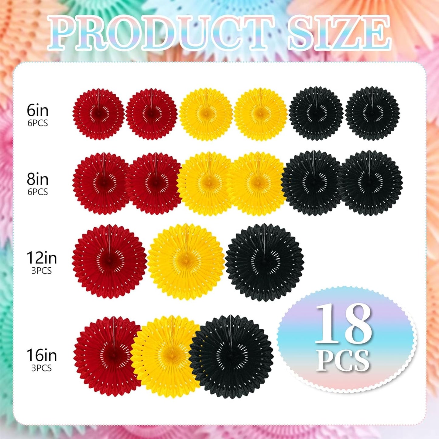 18 Pcs Black Red Yellow Hanging Honeycomb Paper Fans, Round Paper Fan Decorations for Weddings, Birthdays, Bachelorette, Photo Booth Backdrops, Baby Shower, Anniversary Events Party Supplies