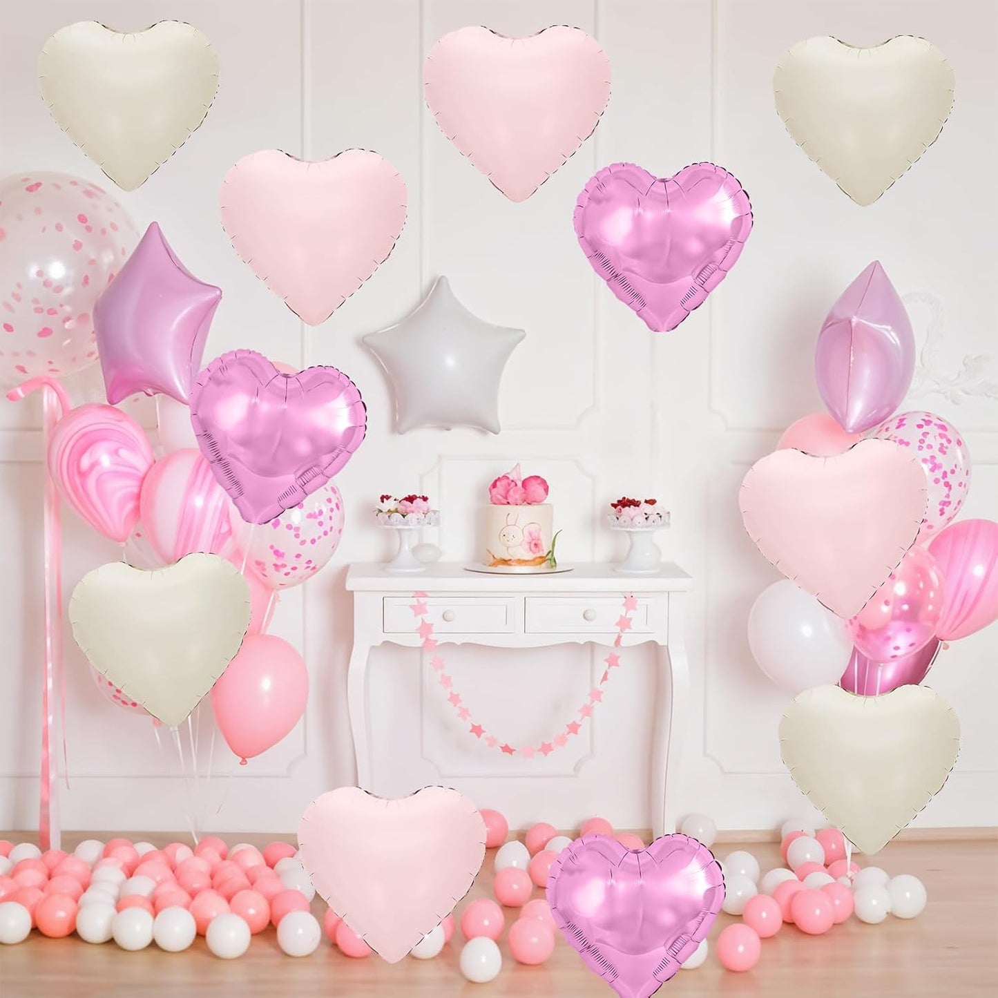 Pink Purple White Heart Balloons,12Pcs 18Inch Baby Pink Purple Cream White Heart Shaped Foil Helium Balloons for Baby Shower Birthday Anniversary Wedding Engagement Party Decorations