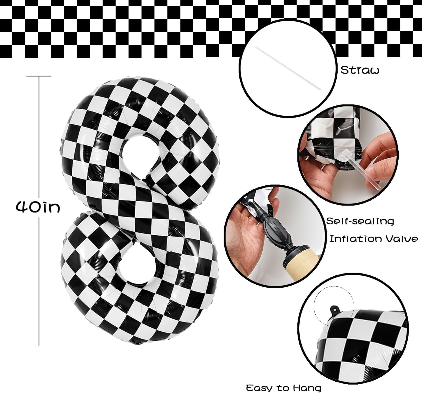 40 Inch Checkered Number 8 Balloon - Race Flag Pattern Big Helium Balloon for Birthday Party Decorations - Black & White Balloon for Kids Adults Party Supplies (Racing Car, Number 8)