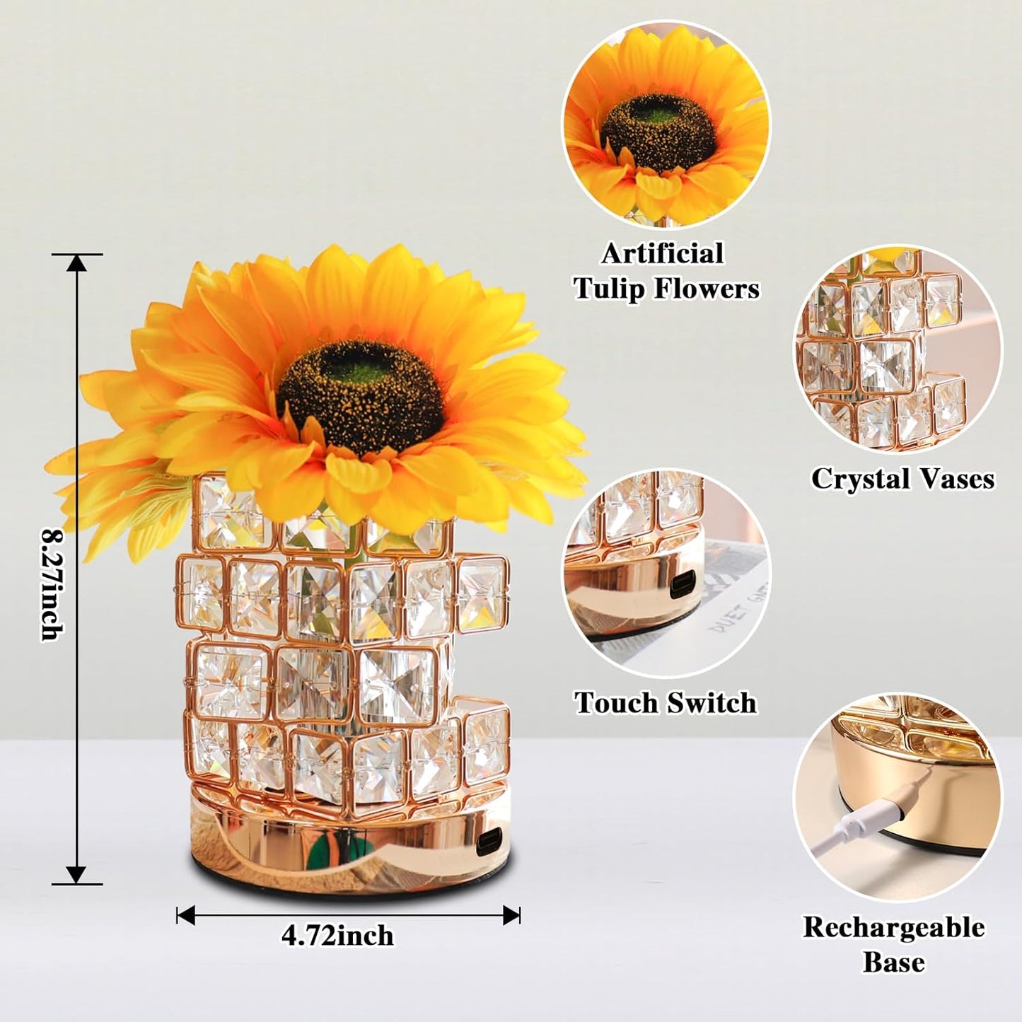 Birthday Gifts for Women/Mom Sunflower Cordless Table Lamp,3 Color Crystal Lamps Touch Bedside Lamps Infinitely Dimming with USB Charge Small Night Light,Nightstand Lamp for Bedroom (Square)