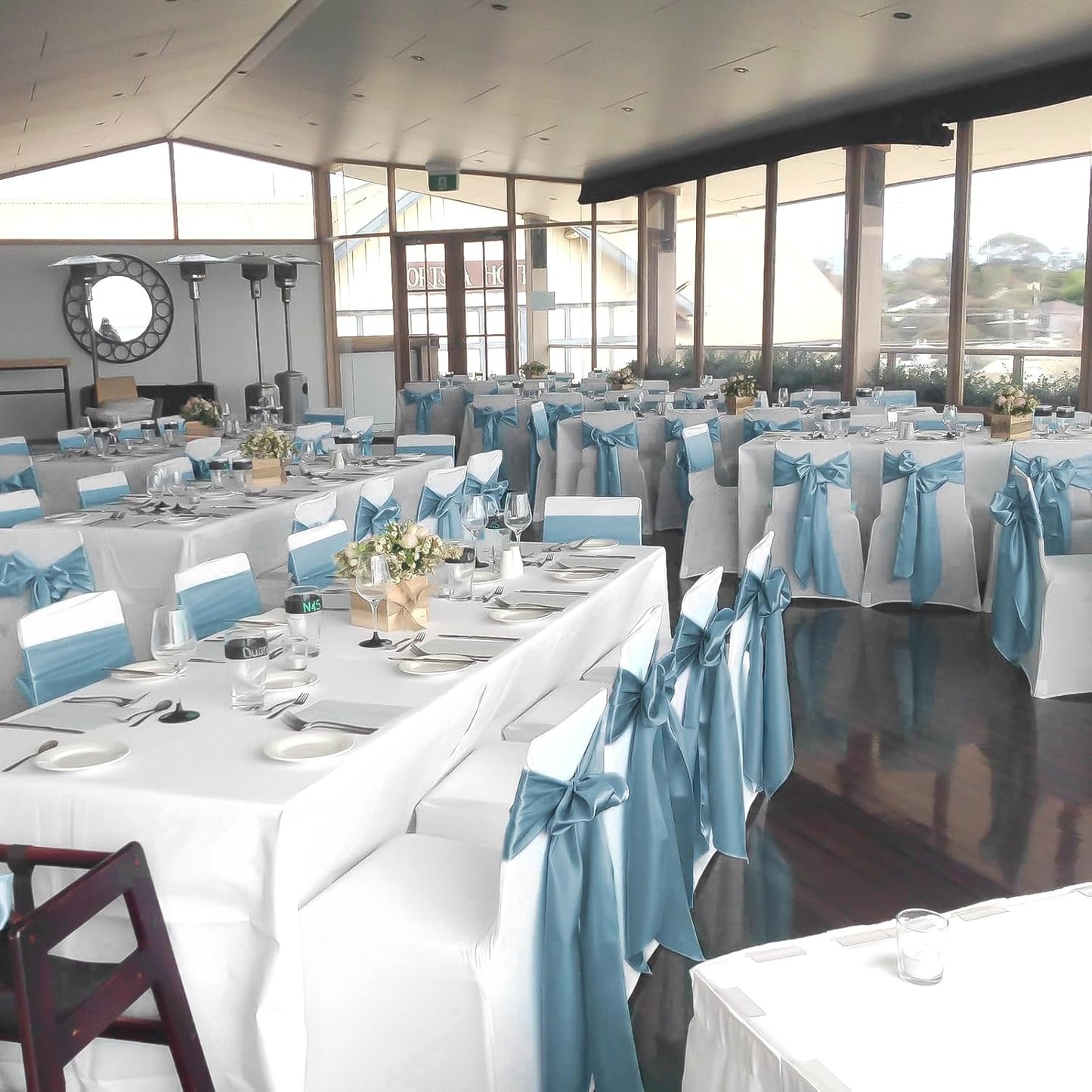 fani 60 PCS Dusty Blue Satin Chair Sashes Bows Universal Chair Cover for Wedding Reception Restaurant Event Decoration Banquet,Party,Hotel Event Decorations (7 x 108 inch)