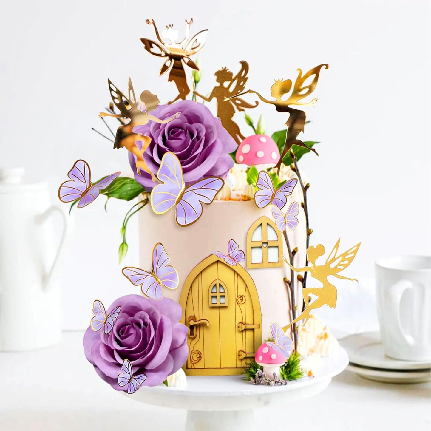 JeVenis Purple Fairy Cake Decoration Mushroom Cake Decoration Fairy Cake Decoration Garden Fairy Cake Decoration Flower Cake Decorations