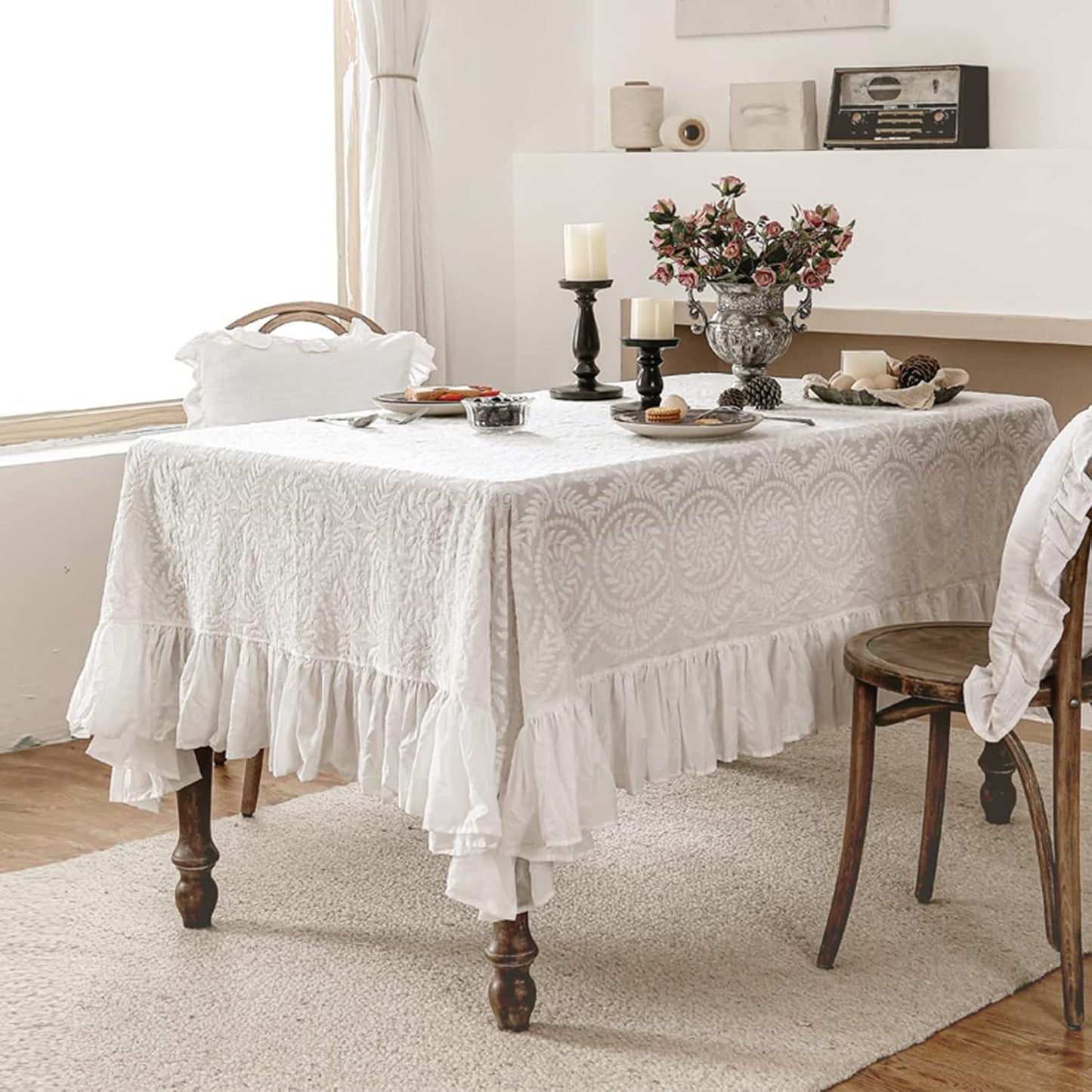 patdrea Vintage Ruffle Tablecloth for Square Tables,Farmhouse Embroidered Cotton White Lace Table Cloth Cover Decor for Dining Room Wedding Banquet Thanksgiving Christmas,51"*51"