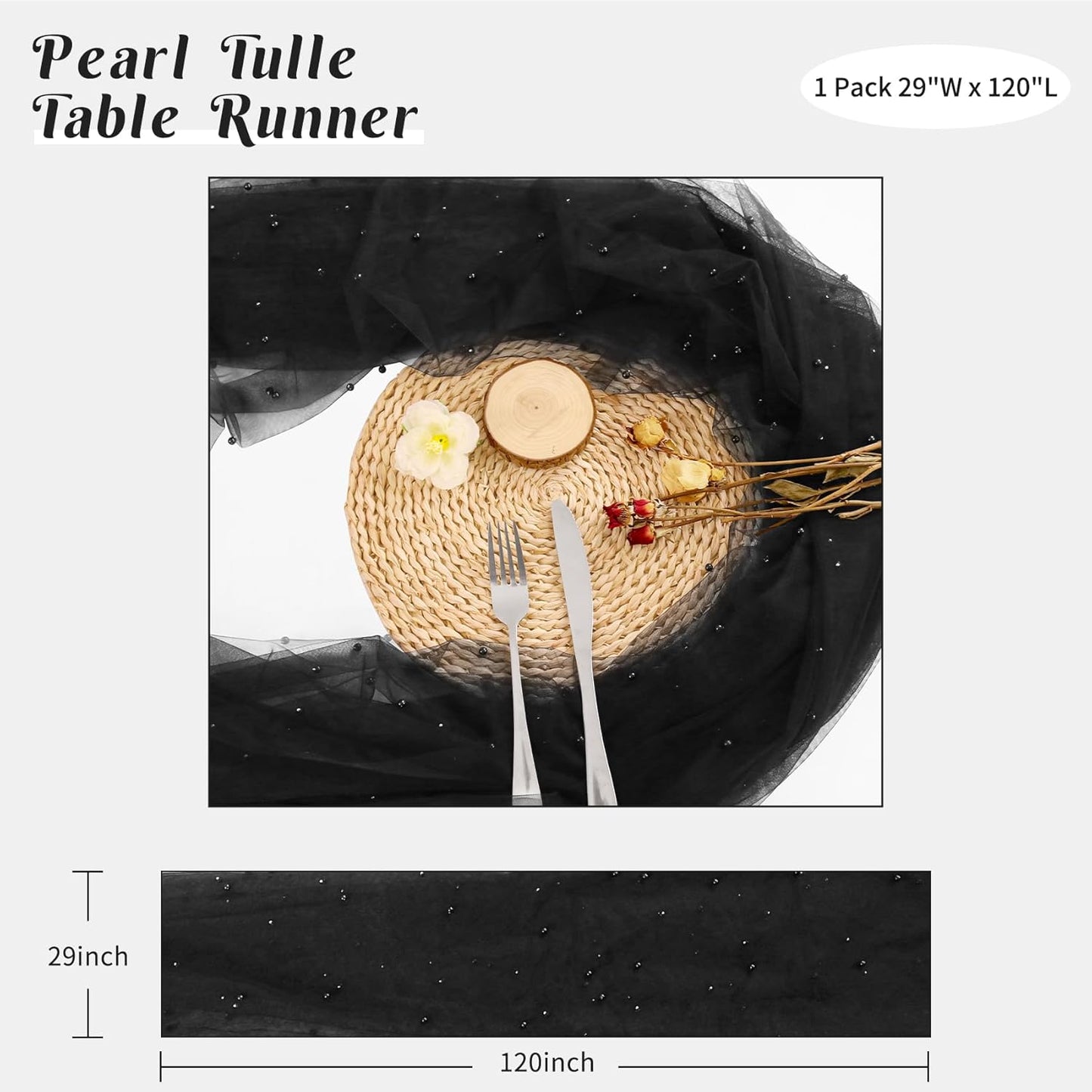 Pearl Table Runner 29 x 120 Inch Tulle Fabric Lace Table Runners Boho Rustic Tablecloth for Bridal Shower Birthday Party Wedding Arch Aisle Veil Dessert Table Decor(1 Pack, Black)
