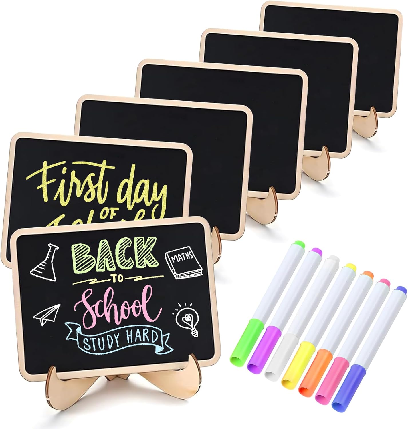 Vintage Wooden Mini Chalkboard Signs - Set of 6 | 4 x 3 Inch Tabletop Chalkboard Sign with Base Stands | Decorative Small Message Chalk Board Sign with 7 Liquid Chalk Markers
