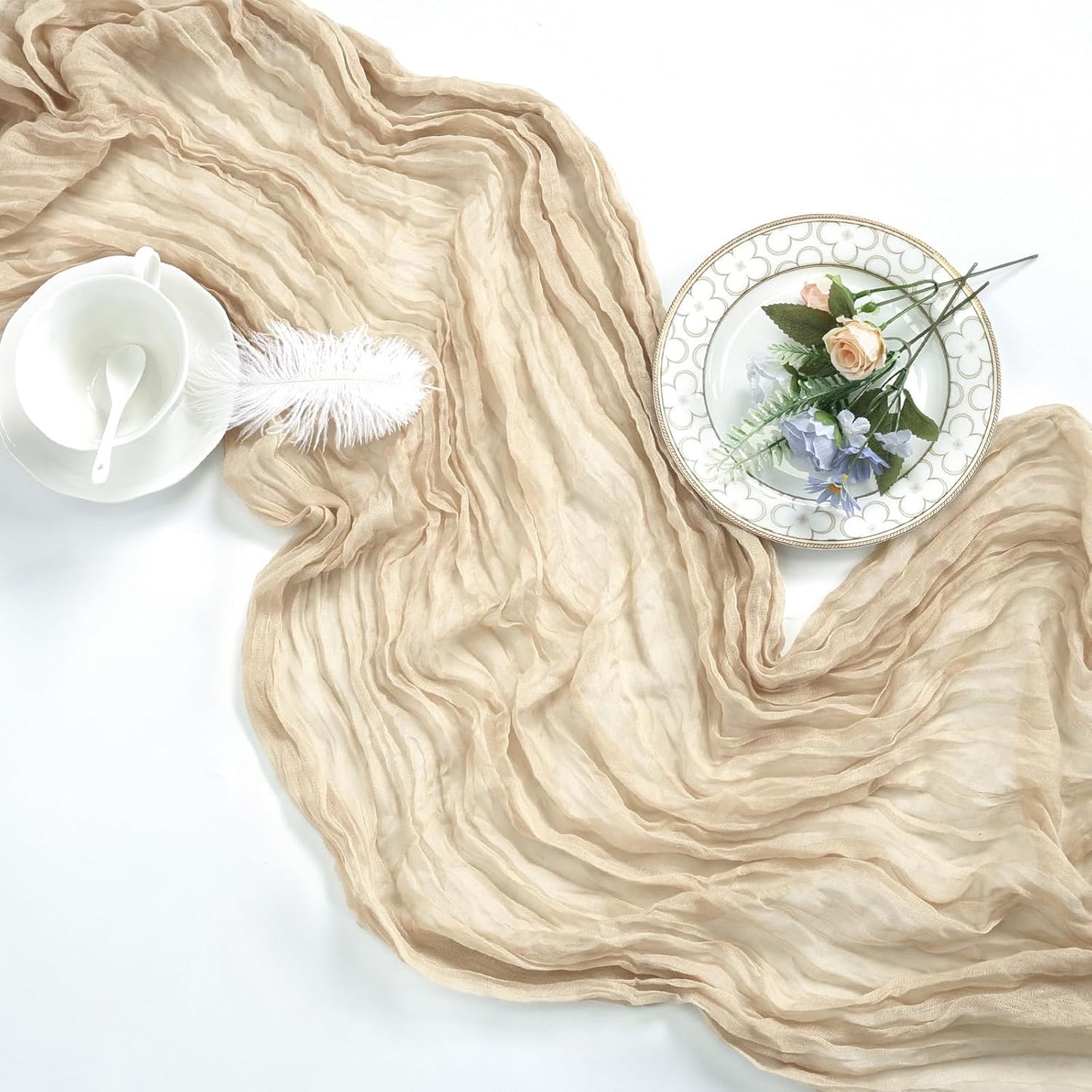 12 Pack Beige Cheesecloth Fall Table Runner 10ft Boho Gauze Fabric Cheese Cloth Table Runner 35 x 120 Inch Rustic Sheer Runner for Thanksgiving Wedding Decor Baby Shower Party Centerpiece Decoration