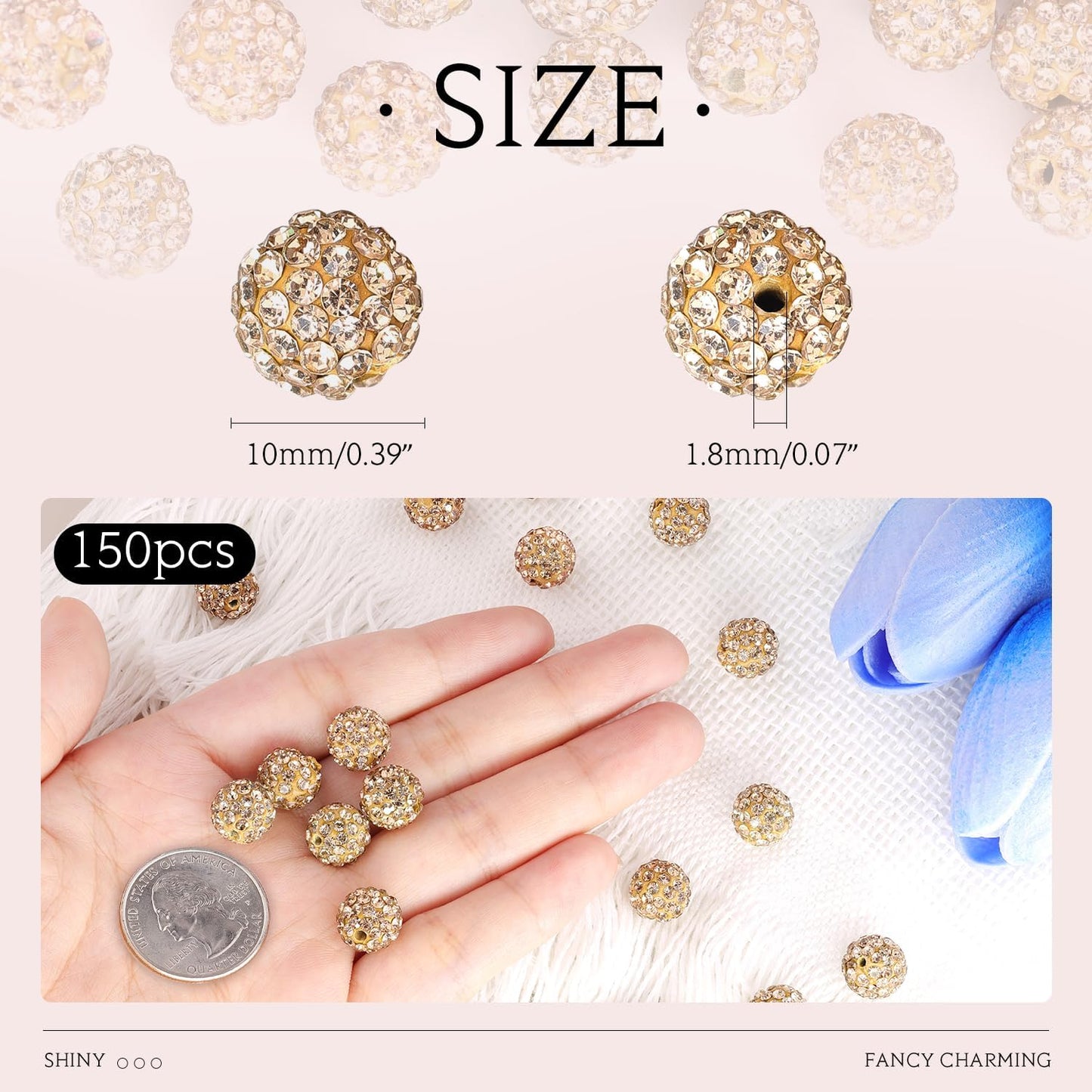 150 pcs 10mm Rhinestone Beads for Jewelry Making, Light Brown Shiny Round Shamballa Disco Beads Bulk, Sparkle Crystal Clay Christmas for Bracelet Baseball Necklace Earring Crafting and DIY