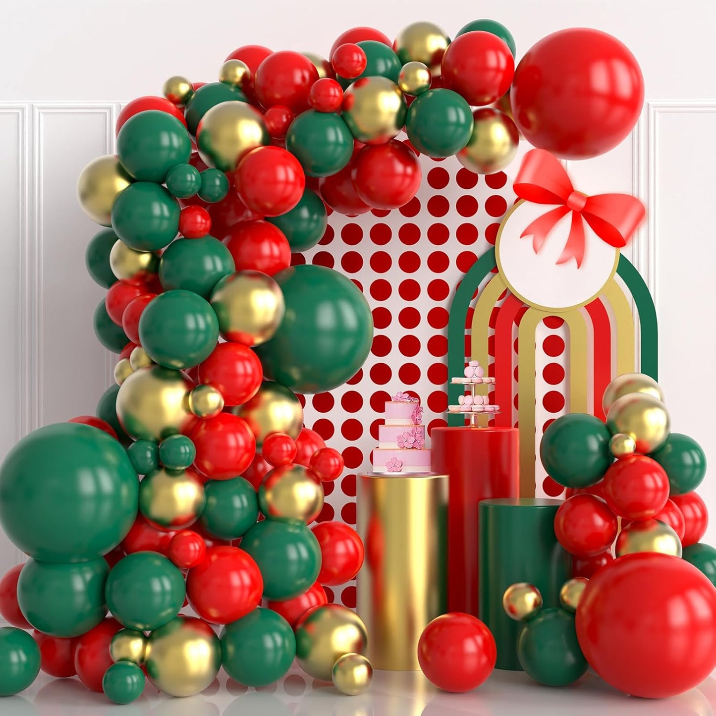 Christmas Balloons Garland Kit, 124pcs Red Green Gold Metallic Latex Balloons Arch for Christmas Party Decorations