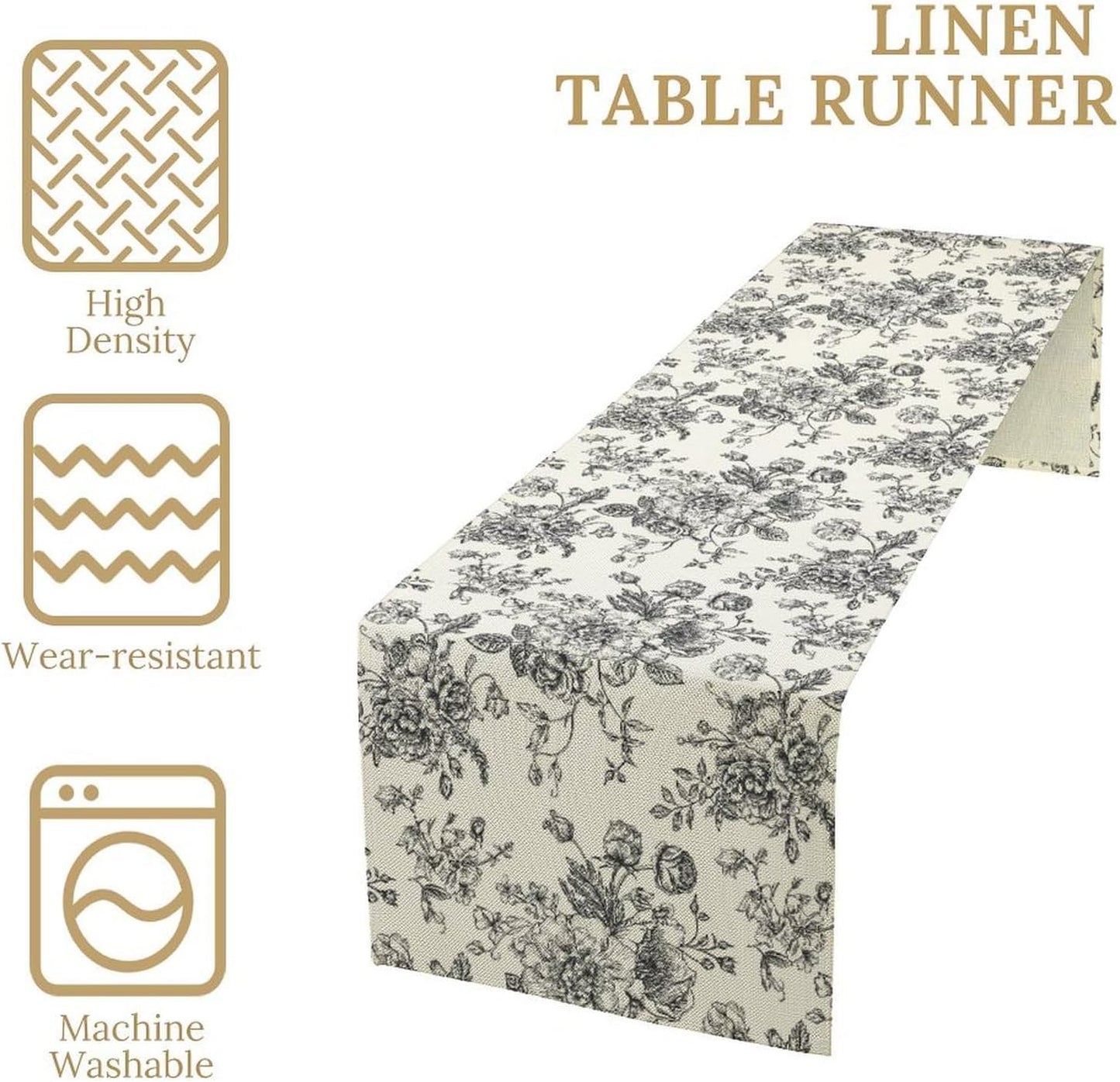 Vintage Flower Table Runner, Black White Wildfloral Floral Sketch Print Kitchen Dinning Table Runner for Indoor Outdoor Home Wedding Party Holiday, 13x120 Inch