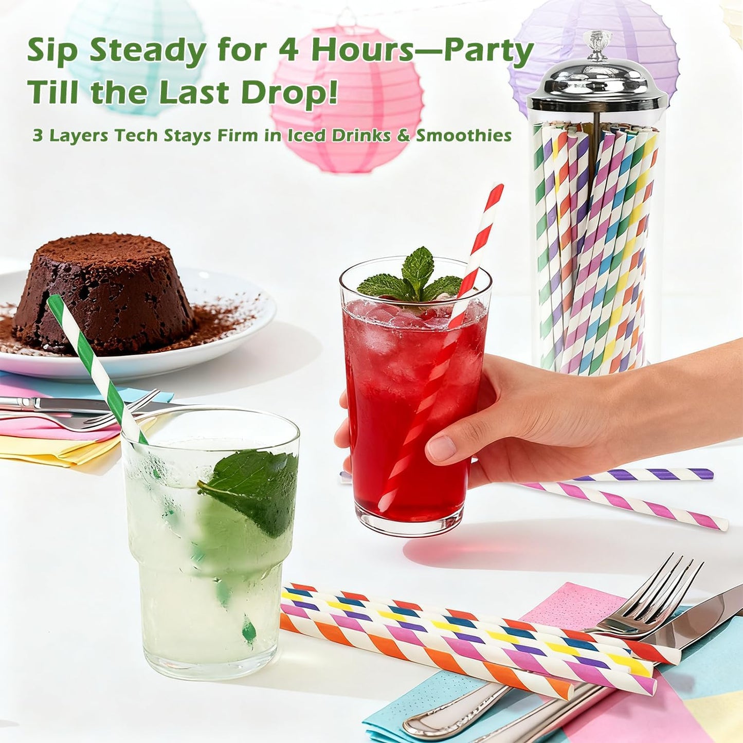 100 Pack Striped Paper Straws for Drinking– Sturdy & Non-Soggy – 100% Biodegradable disposable, Food-Safe Ink colorful straws, and Multi-Layered for Long-Lasting Use-Daily/Party/business